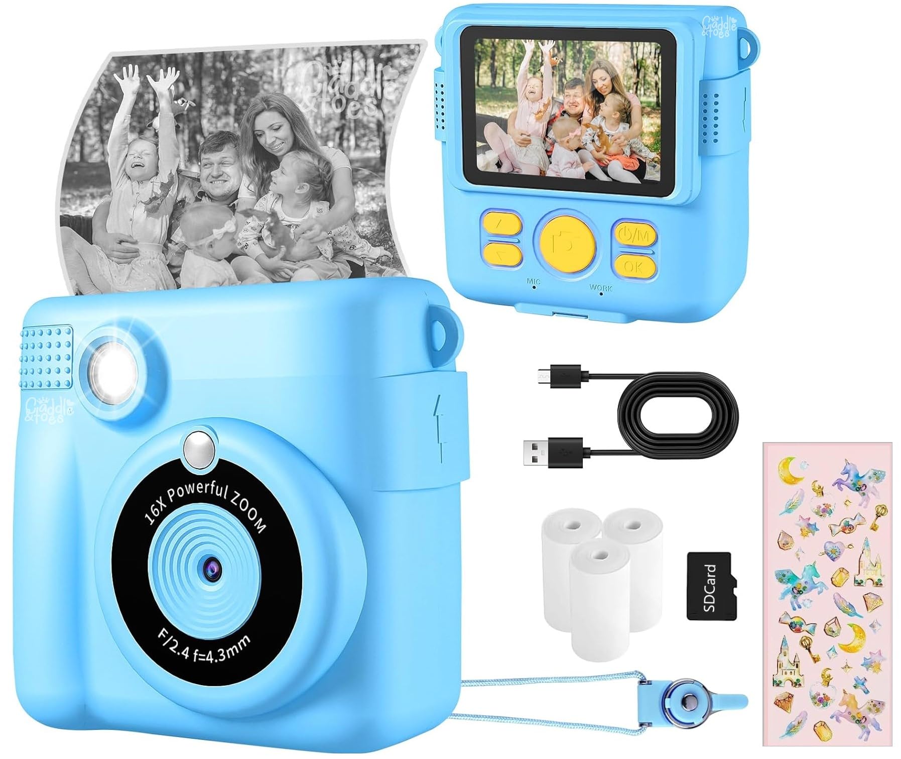 CADDLE & TOES Children's Camera - Instant Print Camera 1080P 2.4-inch Screen Digital Children's Video Recorder, 16x Digital Zoom, 4GB TF Card, with 3 Rolls of Paper (Blue)