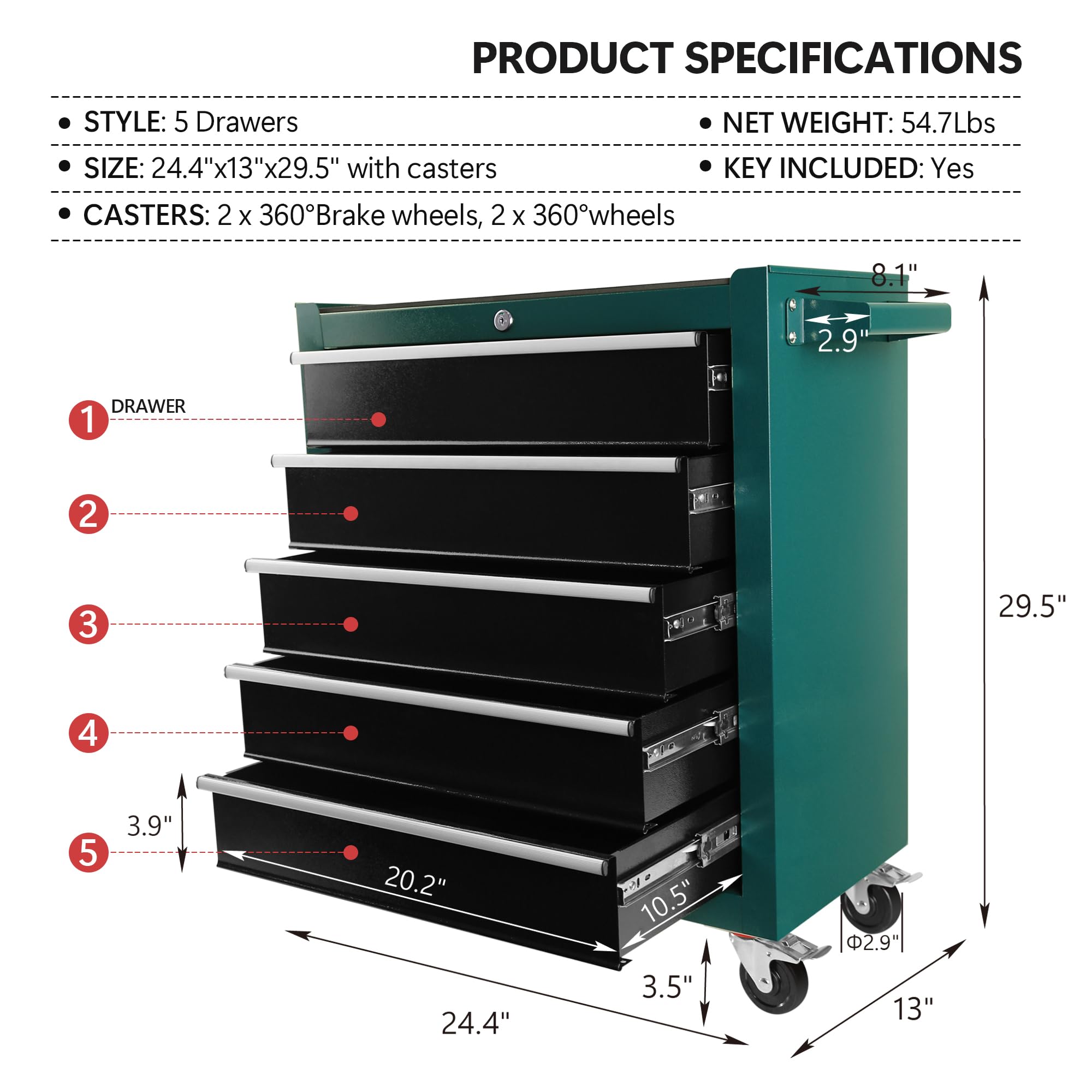 5-Drawers Rolling Tool Chest, Tool Cabinet on Wheels with Lockable System and Drawer Liners