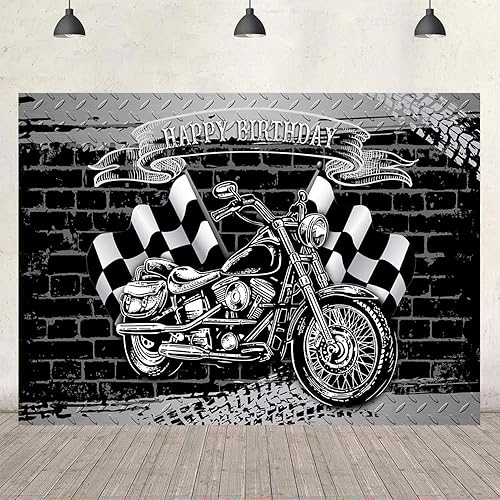 Miniatura 4 de Ticuenicoa Telón de fondo de fiesta de cumpleaños de motocicleta de 5 x 3 pies para fotografía, color negro y negro, bandera blanca y negra, fondo