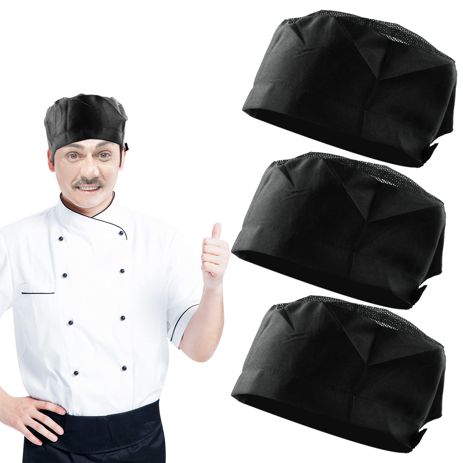 Cappello Da Cuoco Regolabile - Kit 3 Pezzi Nero, Rete Traspirante