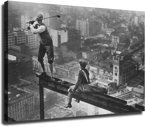 Póster de golf en la viga de rascacielos, arte de pared de golf, arte en blanco y negro, póster de pared vintage, decoración de sala de estar,