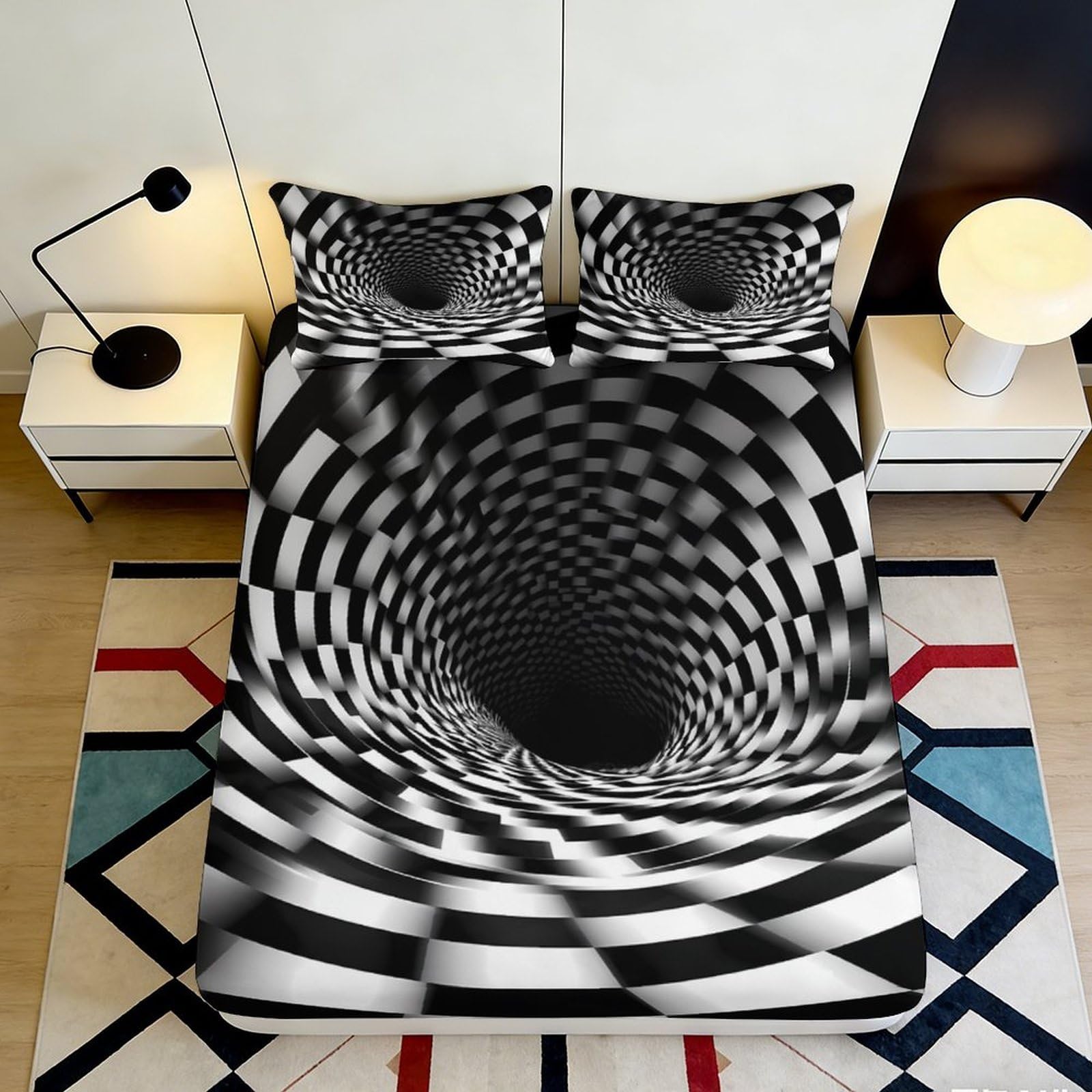 3D Printed Optical Illusion Tunnel Fitted Sheet Microfiber Black White Spiral Mattress Cover for Bedroom Dorm Decor 200x200x25cm
