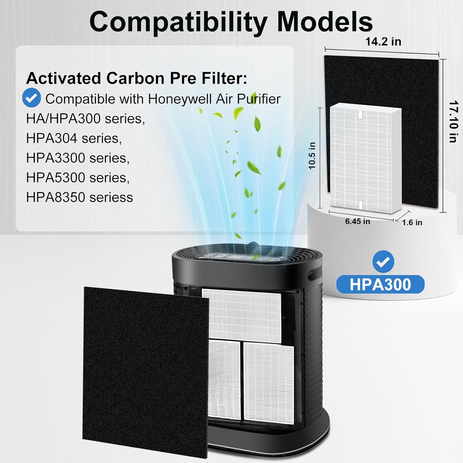 HPA300 Filter Replacement for Honeywell HPA300 Series, Precut Activated Carbon Prefilter for HPA300, HPA304, HPA3300, HPA5300, HPA8350 Series, 3 FR Filte + 6 Activated Carbon Pre Filter HPA300-6+3P