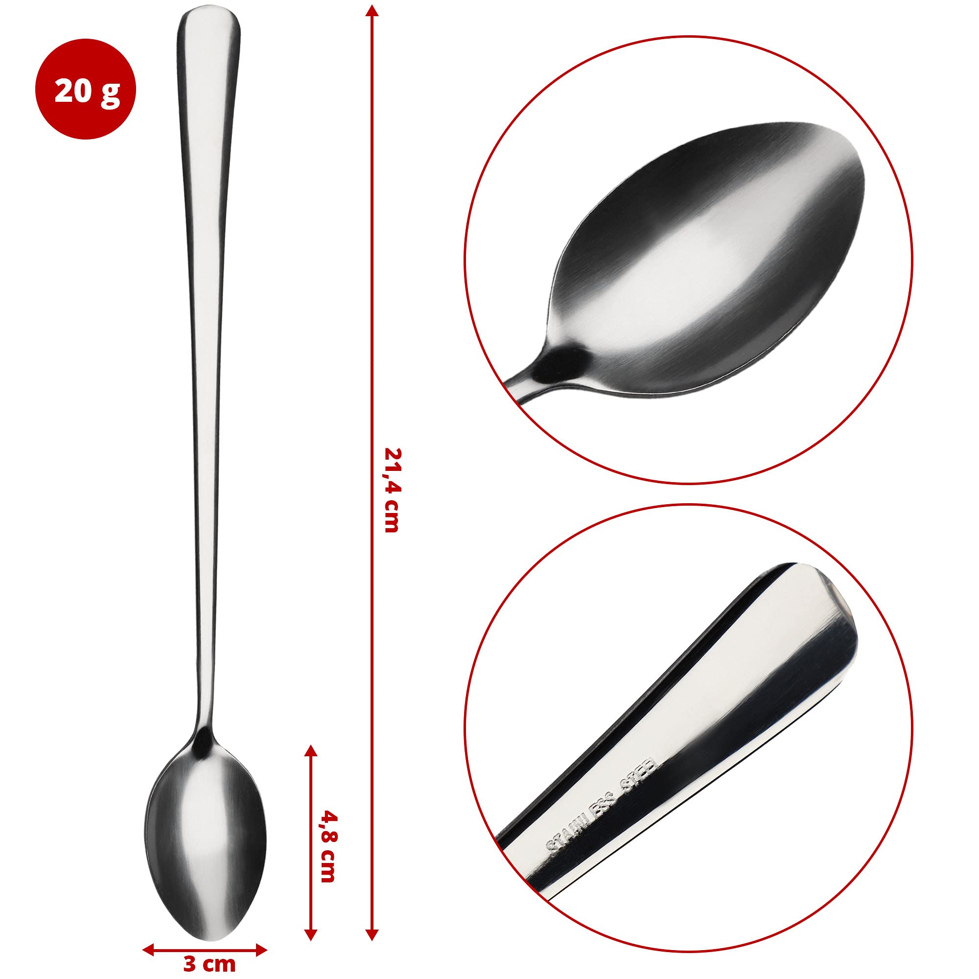 KADAX Set di 6 cucchiai lunghi in acciaio inox, cucchiai per latte, drink, gelato, longdrink, cucchiai da zucca, cucchiai da dessert, lavabili in lavastoviglie (set da 6 L 21,4 cm, argento