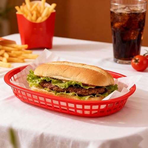 Miniatura 6 de MANCHAP Paquete de 50 cestas de plástico de 10.6 x 7 pulgadas para servir comida rápida, cesta ovalada de plástico para pan, frutas, perros