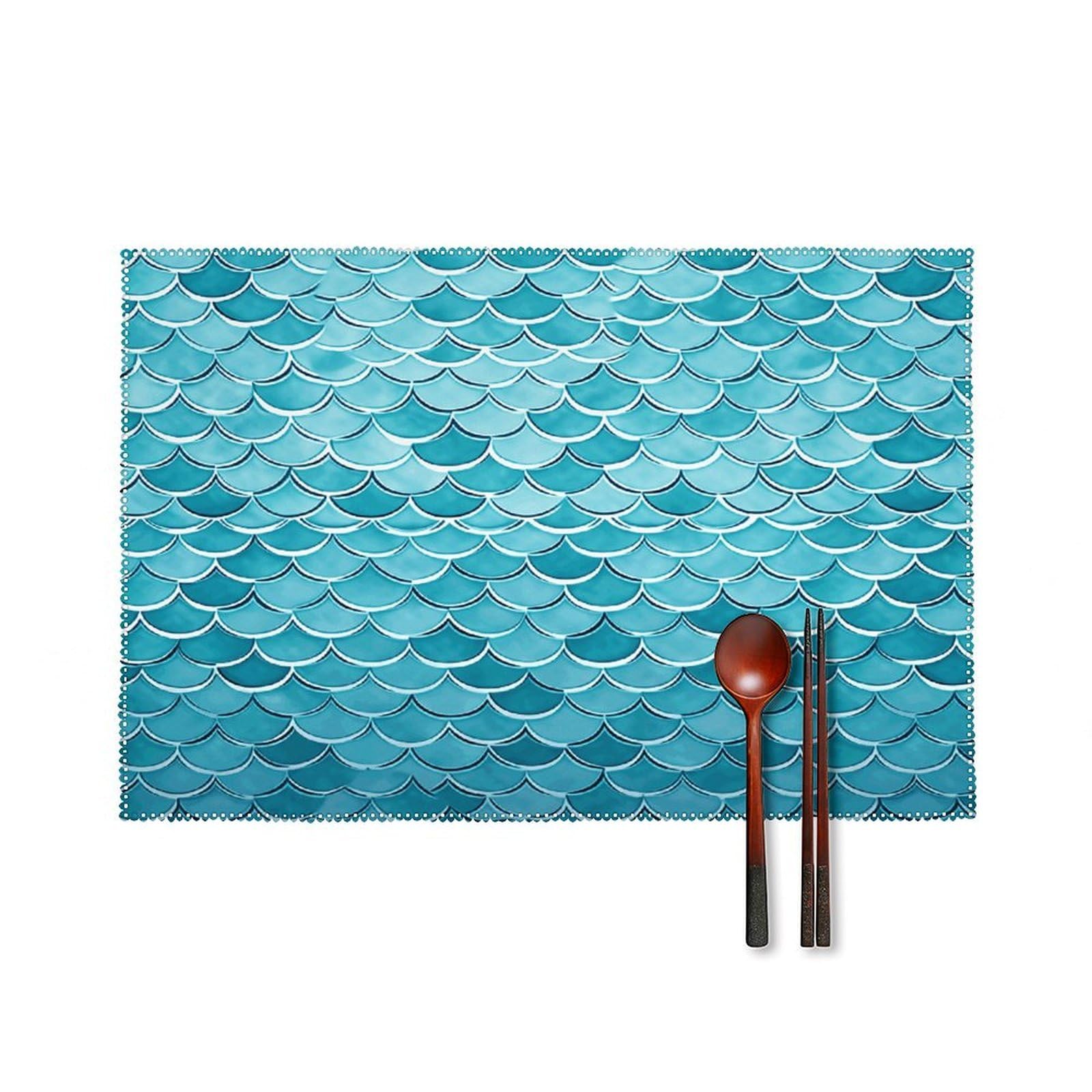 Blue Waves Squama Mermaid Scale Placemats Set of 6 Non-Slip Heat Resistant Table Mats Canvas Washable Cloth Place Mats Easy to Clean Premium Placemat for Kitchen Dining Table Decoration
