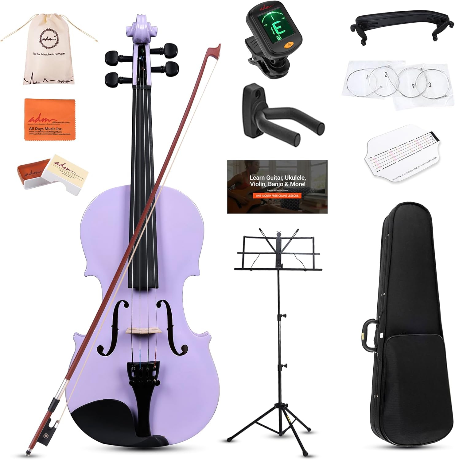 ADM Acoustic Violin for Kids Beginners, 4/4 Full Size Acoustic Violin Fiddle for Teens Students Violin Starter Kit with Hard Case, Rosin, Shoulder Rest, Bow, Violin Music Stand and Strings,Purple 4/4 Full Size Purple