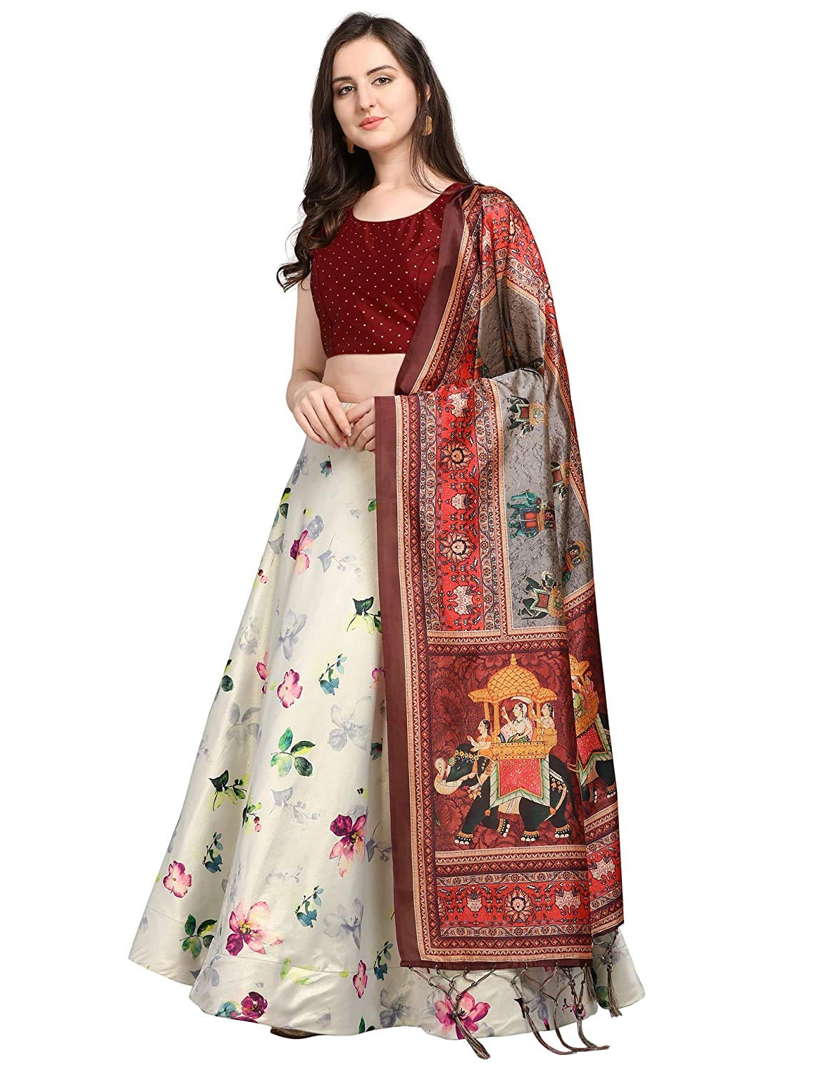 Women's Wedding Special Multi colored Digital Print Satin Silk Semi-Stitched Free Size Readymade Circular Umbrella Flair Lehngha choli Set with Jequard Blouse (Silver & Bit)-image-44