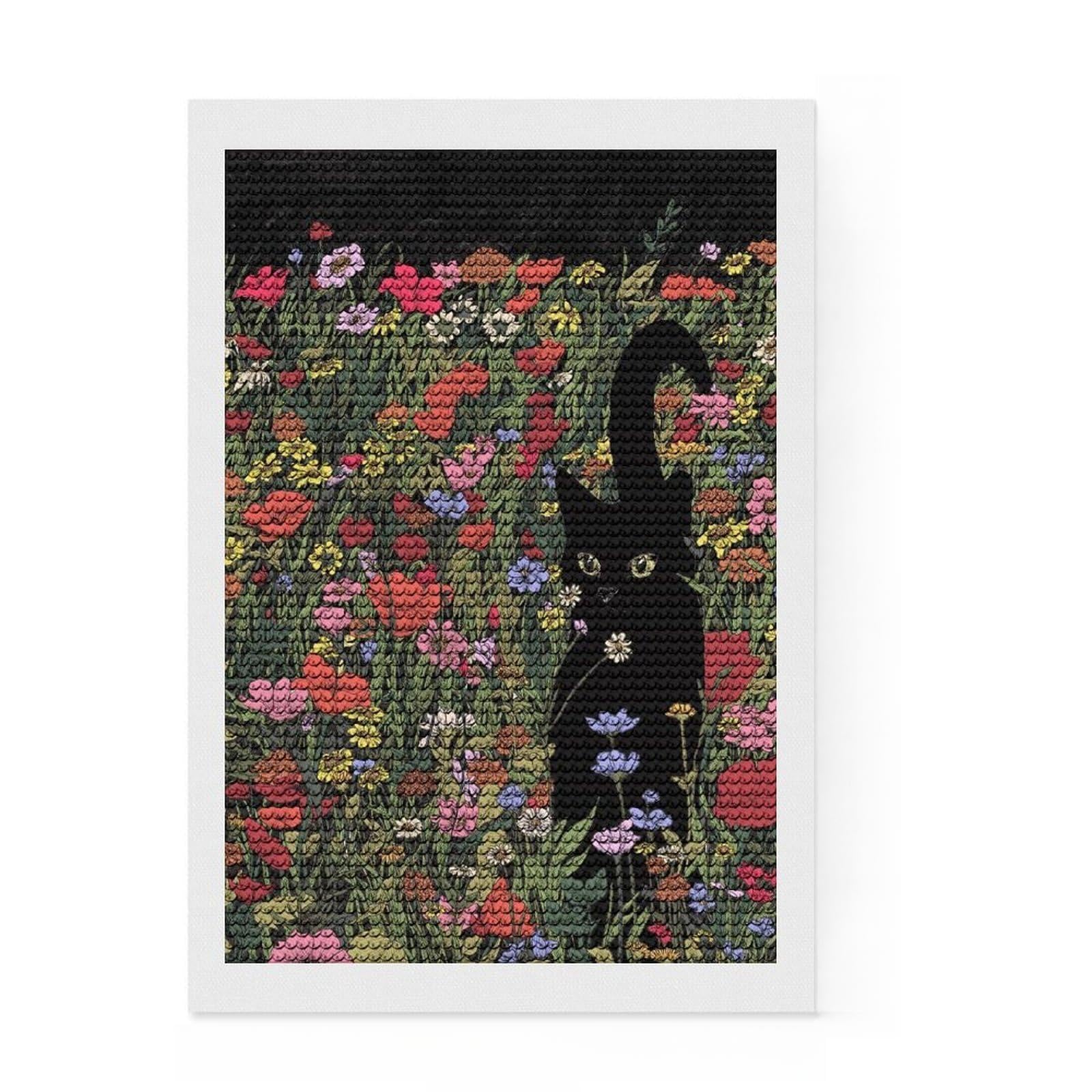 Junmoney Black Cat in Wildflowers Diamond Painting Canvas Set 8"x12", Easy Handmade Project, Boho Decor, for Women, Christmas Gift, Full Kit Included