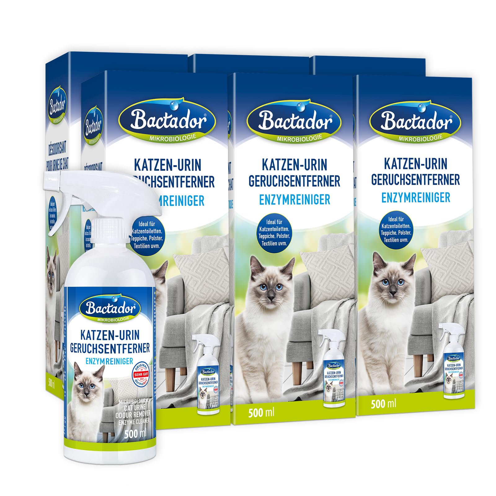 Bactador Enzymreiniger Katzenurin Spray 6 x 500ml - Katzentoiletten Geruchsentferner - Mikrobiologischer Geruchsneutralisierer - Katzenurin Geruchsentferner: Porentiefe Reinigung in der Tierumgebung