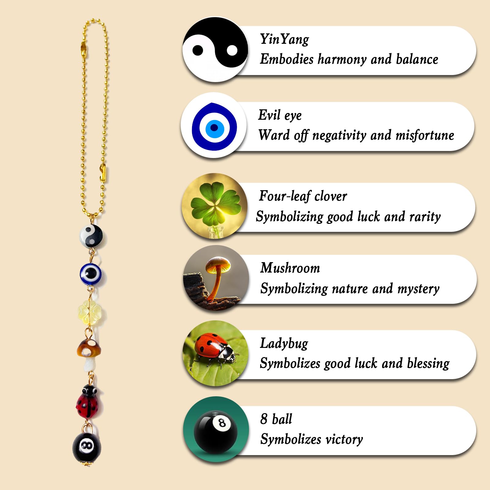 Evil Eye Car Hanging Ornament - Good Luck Charm With Ladybug, Clover & Yin Yang - Boho Rear View Mirror Decor