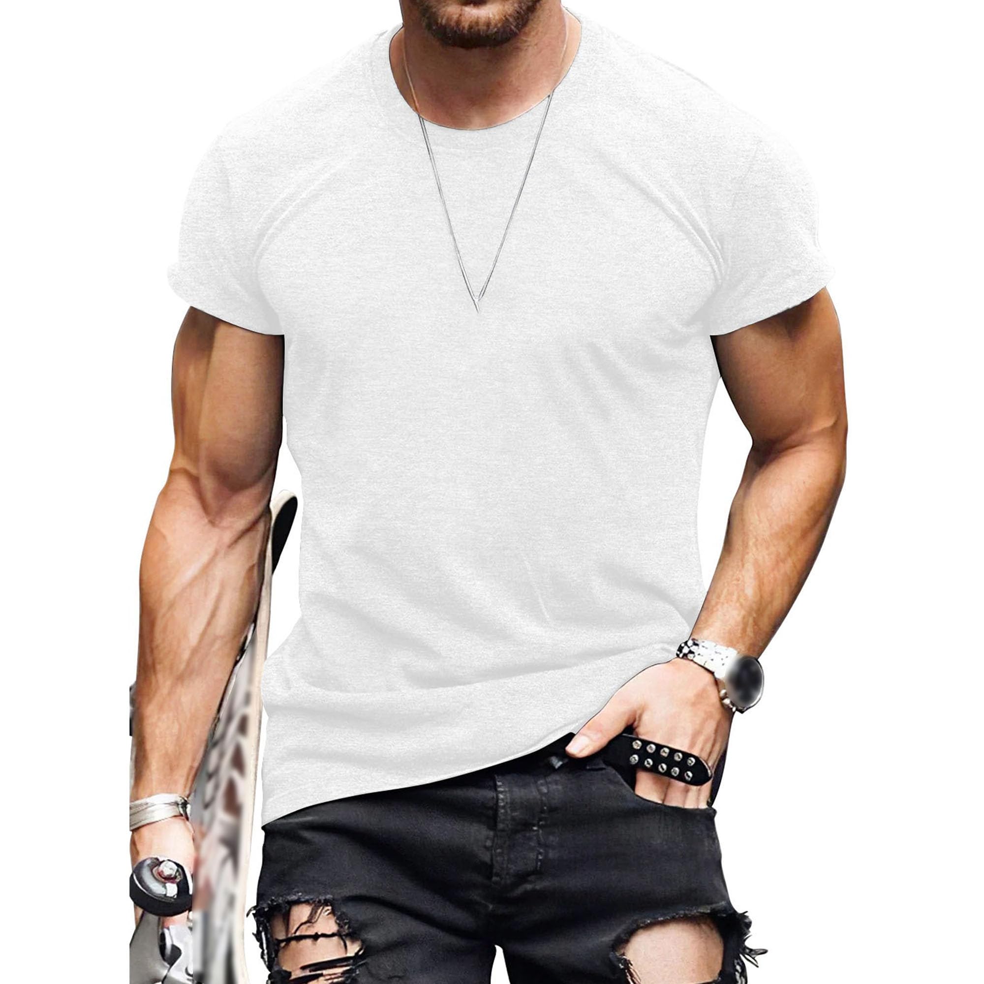 Men Collarless Casual Solid T Shirt Trendy Sport Fitness Pullover Top Summer Classic Thin Loose Exercise Shirts (White,Small)