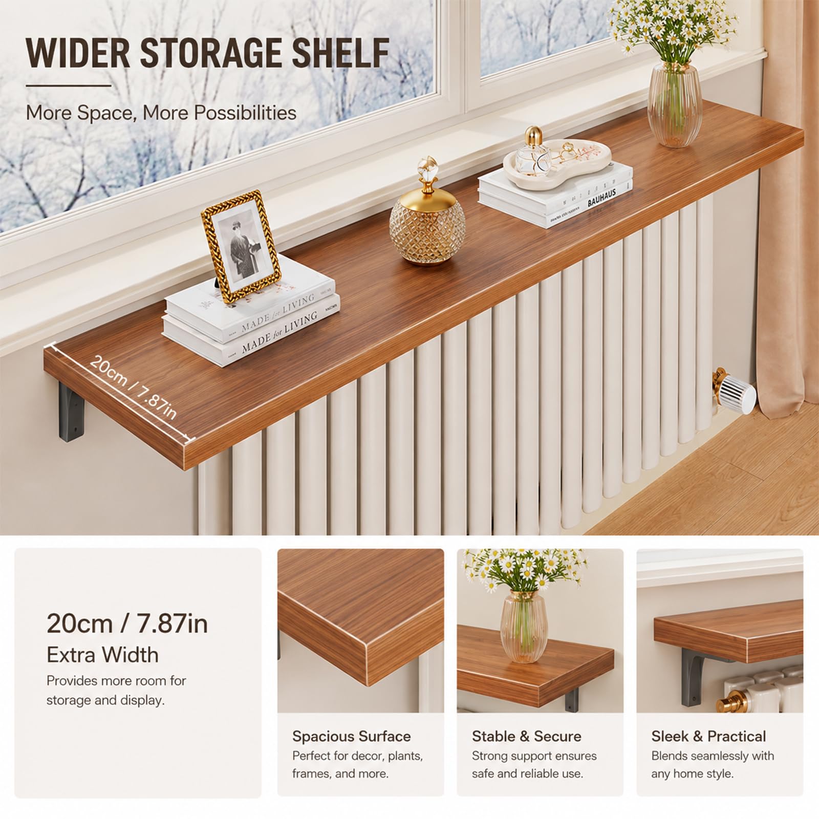 Heizkörperablage Holz Walnuss Schweberegal Heizkörperverkleidung Klein Heizung Regale Wandregal Breit Schwerlast 80kg Organizer mit Schwarzen Halterungen 60cm