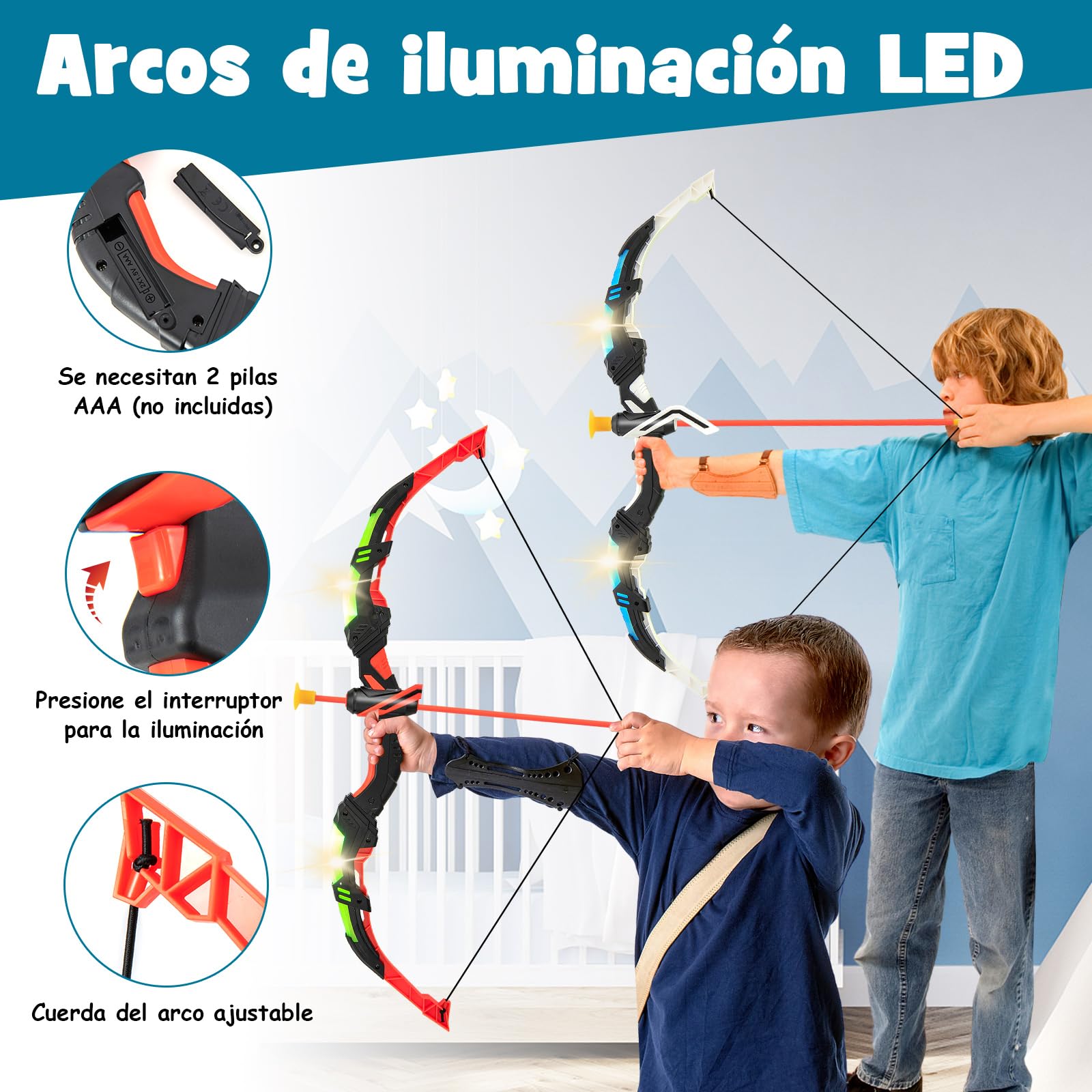 COSTWAY Juego de 2 Arcos y Flechas de Juguetes para Niños, Set de Juguetes de Tiro con Arco con 20 Flechas de Ventosa, Objetivo de Pie o Colgante, Portaflechas para Juegos para Niños de 3+ Años