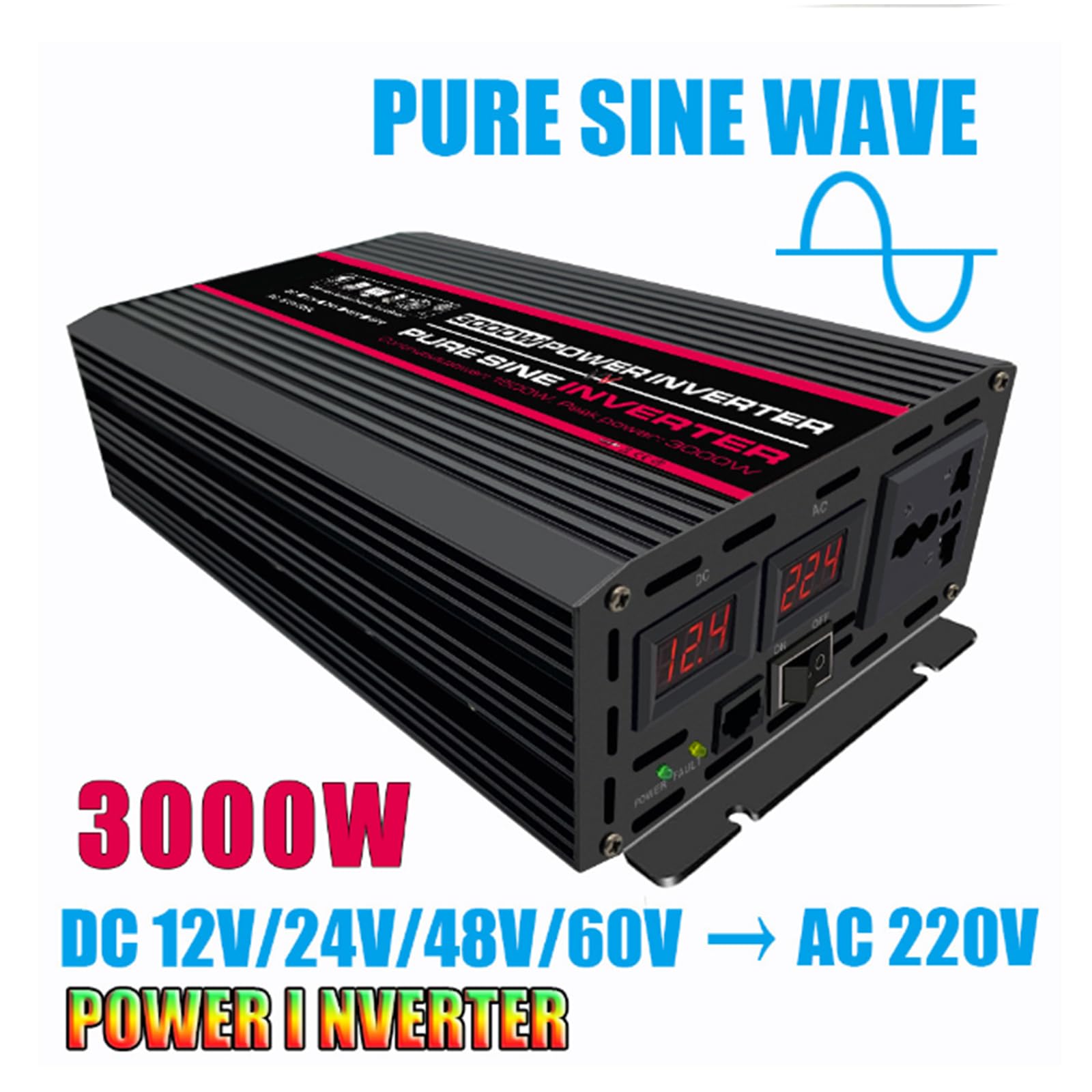 Hohe Effizienz 3000W Reine Sinuswelle Power Inverter DC 12V-60V Zu AC 220V/ 110V Konverter Solar Power Inverter mit AC Ausgänge & LCD Display,24v to 110v