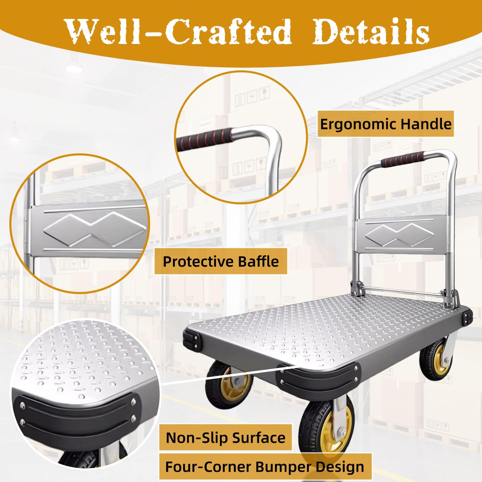 Carrello Pieghevole a Piattaforma 500kg, Carrello Trasporto con 4 Ruote Antiscivolo e Strisce Paracolpi, Ideale per Fabbriche, Cantieri e Trasporti Industriali(Size:90x60cm)