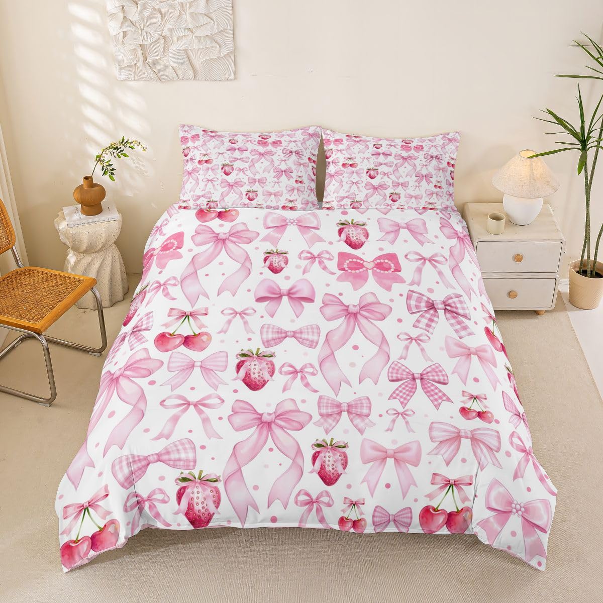Homemissing Kawaii Strawberry Duvet Cover Double Size Pink Bow Comforter Cover for Boys Girls Cute Girls Bowknot Bedding Set 3Pcs Room Decor