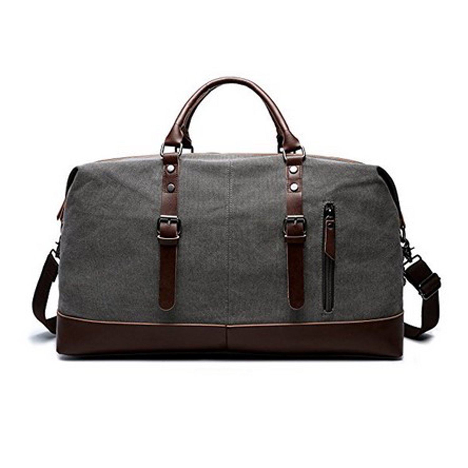 Seamand Large Grey Canvas Genuine Leather Trim Travel Tote Duffel Shoulder Handbag Weekend Bag