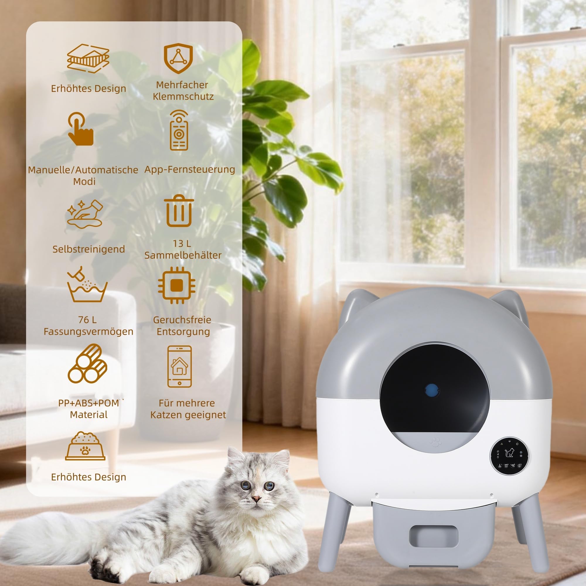 Selbstreinigende Katzentoilette, 76L Automatisches Katzenklo mit App-Steuerung & Sicherheitsschutz, Großes Volumen für Mehrkatzenhaushalte, Einstellbares LED-Nachtlicht, inkl. 1 Rolle Müllbeutel