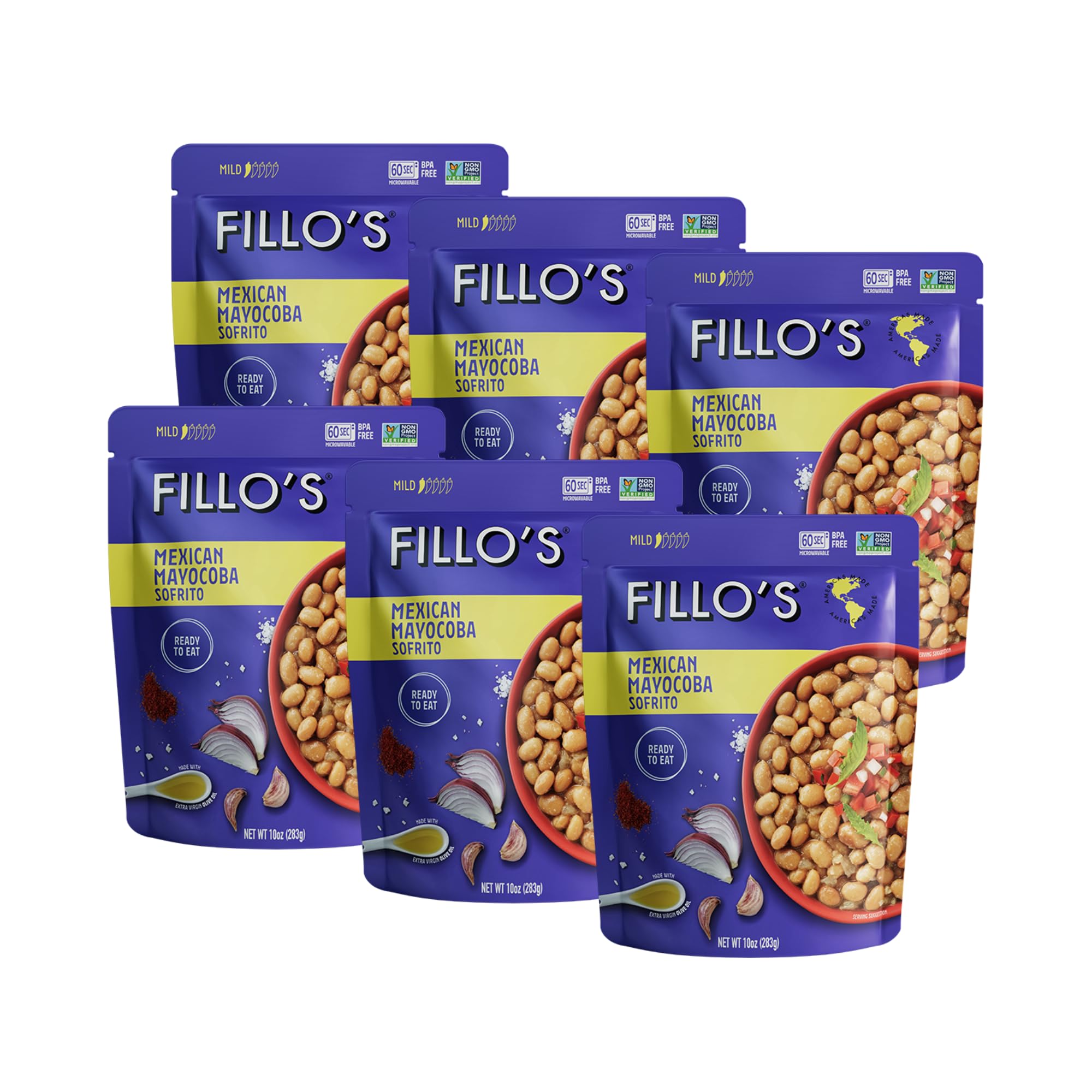 Fillo's Mexican Mayocoba Beans - Ready to Eat Beans, Gluten-Free, Preservative-Free, Microwavable, Non-GMO, Vegan Friendly, Plant Protein, 10 oz Pk of 6