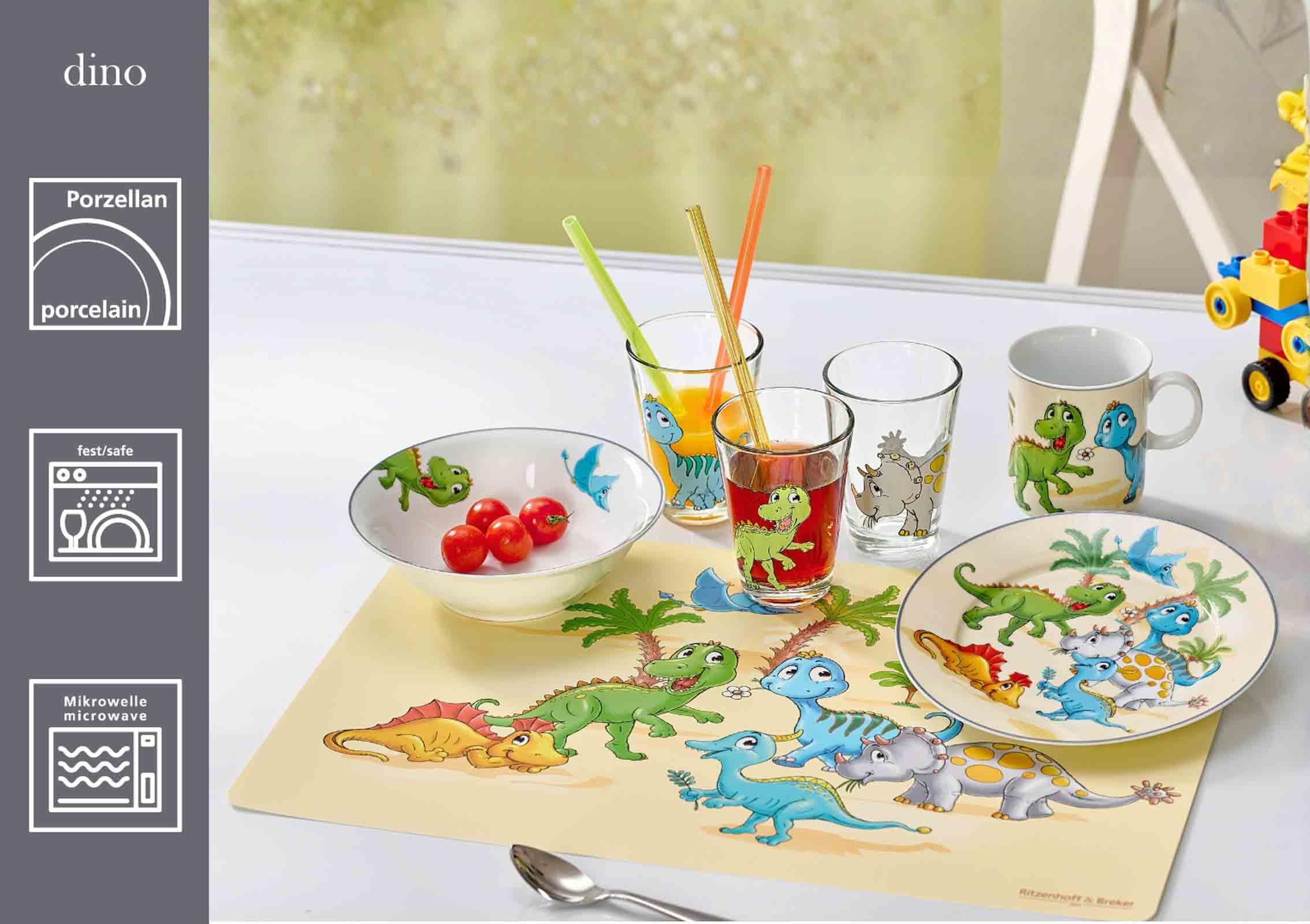 Ritzenhoff & Breker Set di stoviglie per bambini con tovagliette a forma di dinosauro, 4 pezzi, colorate, ciotole, bicchieri, piatti in porcellana, 45 x 30 cm, set per bambini con motivi di dinosauri