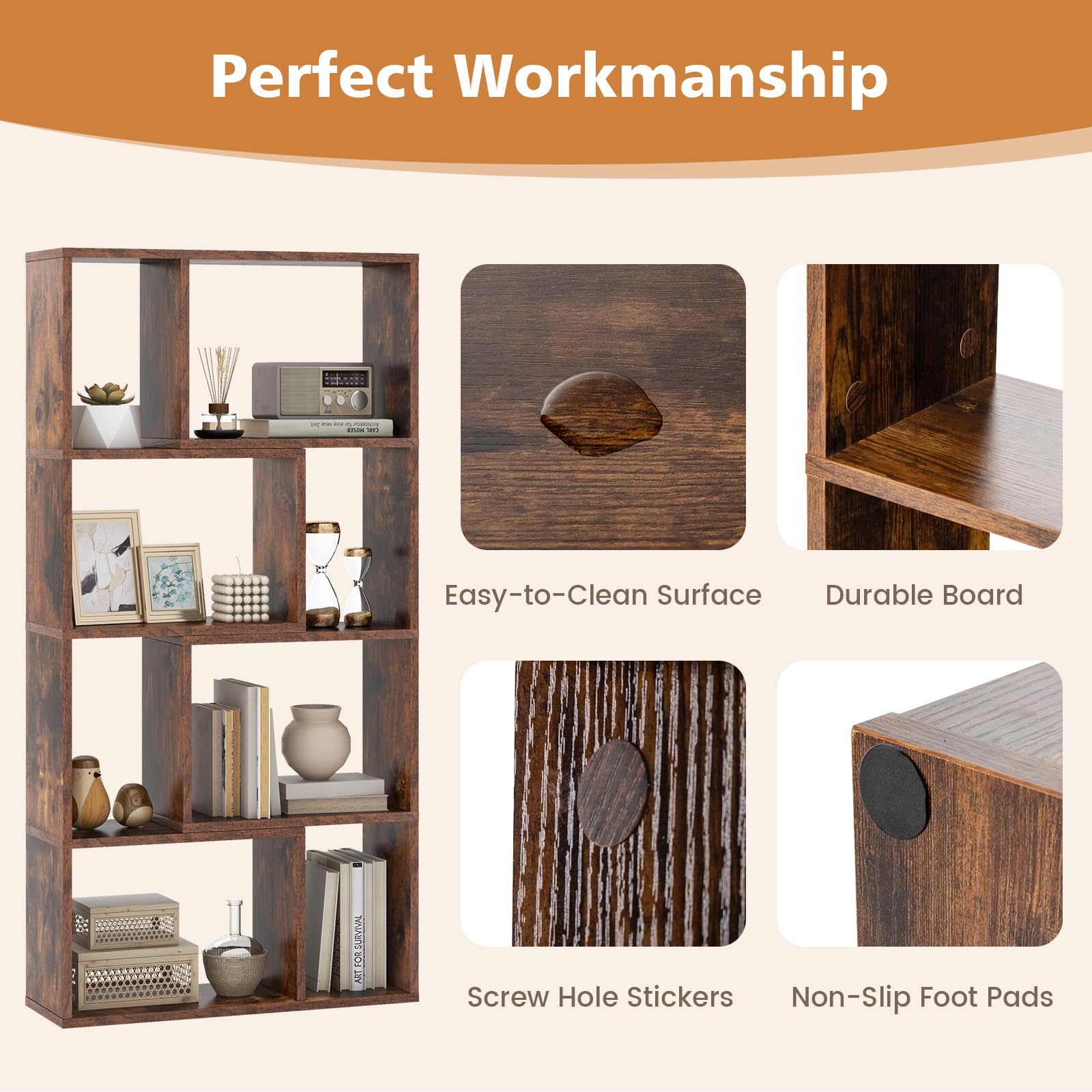 GIANTEX Libreria mobile portaoggetti a 8 cubi, mensola portaoggetti camera da letto con kit antiribaltamento, libreria in legno per soggiorno, ufficio, 60 x 20 x 120 cm (marrone)