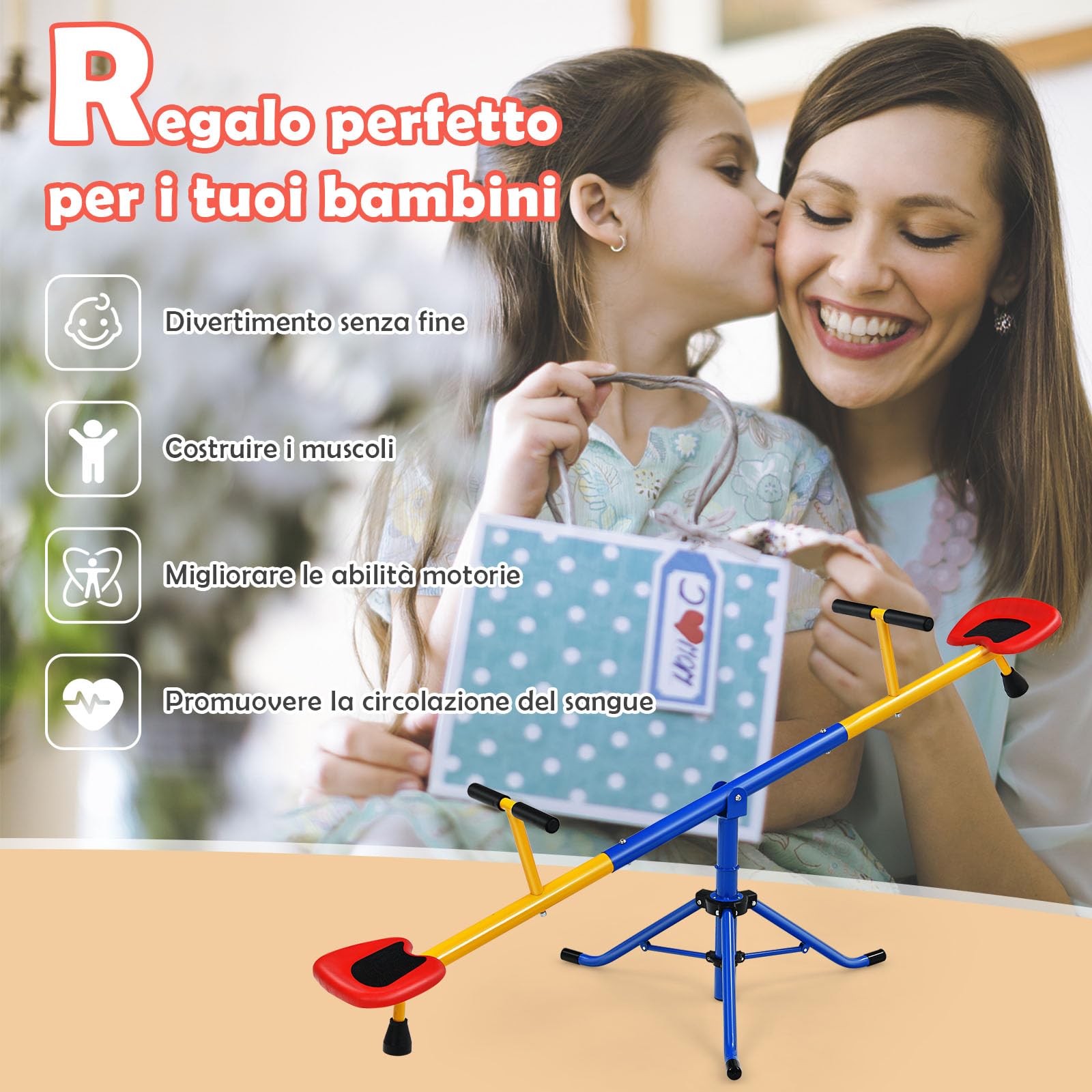 GYMAX Altalena Basculante, Altalena Girevole a 360° per 2 Bambini con Doppia Funzione Oscillante e Ruotante, Struttura Resistente in Acciaio, 182 x 71 x 16-86 cm