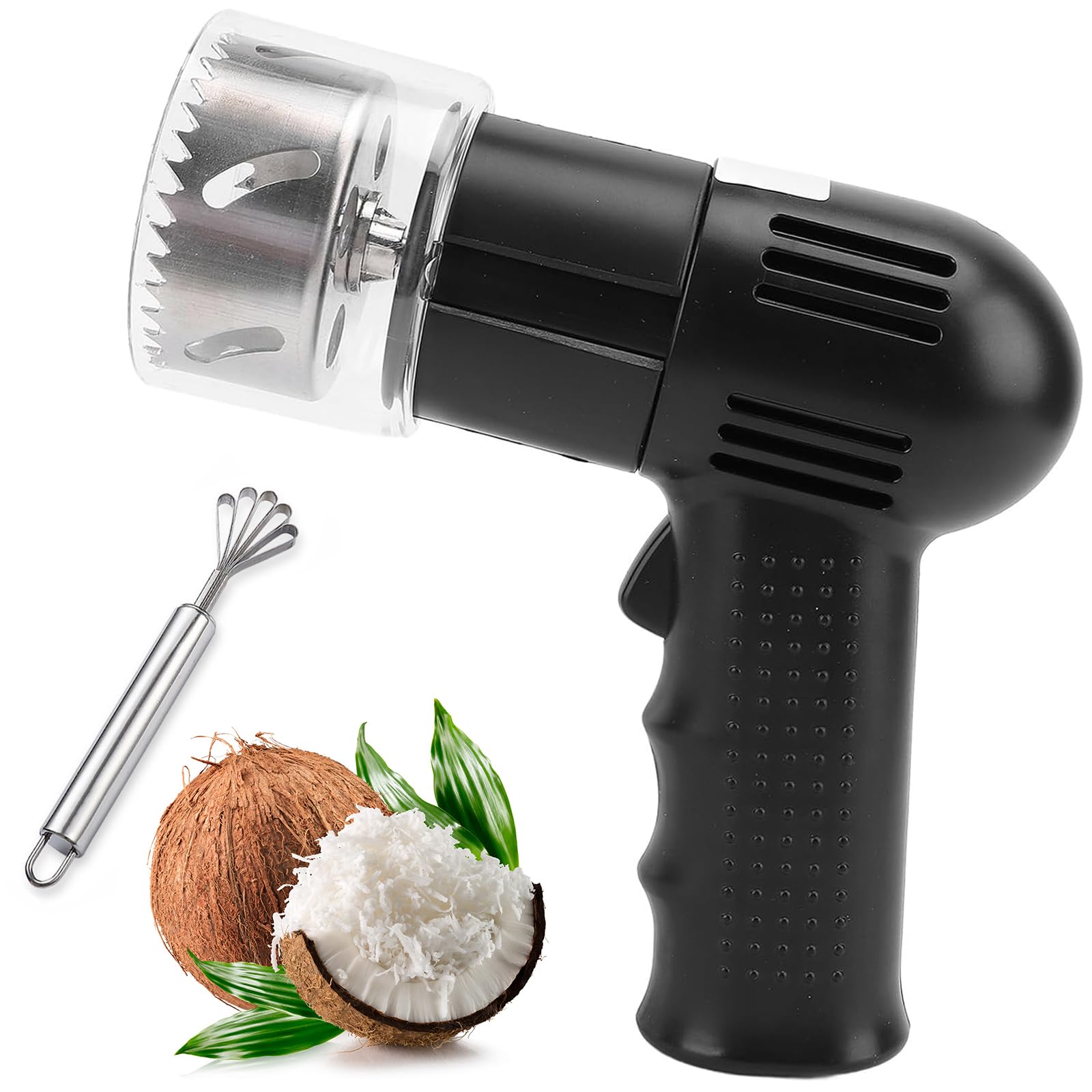Abridor automático de coco con botón para vaciar y raspar conchas