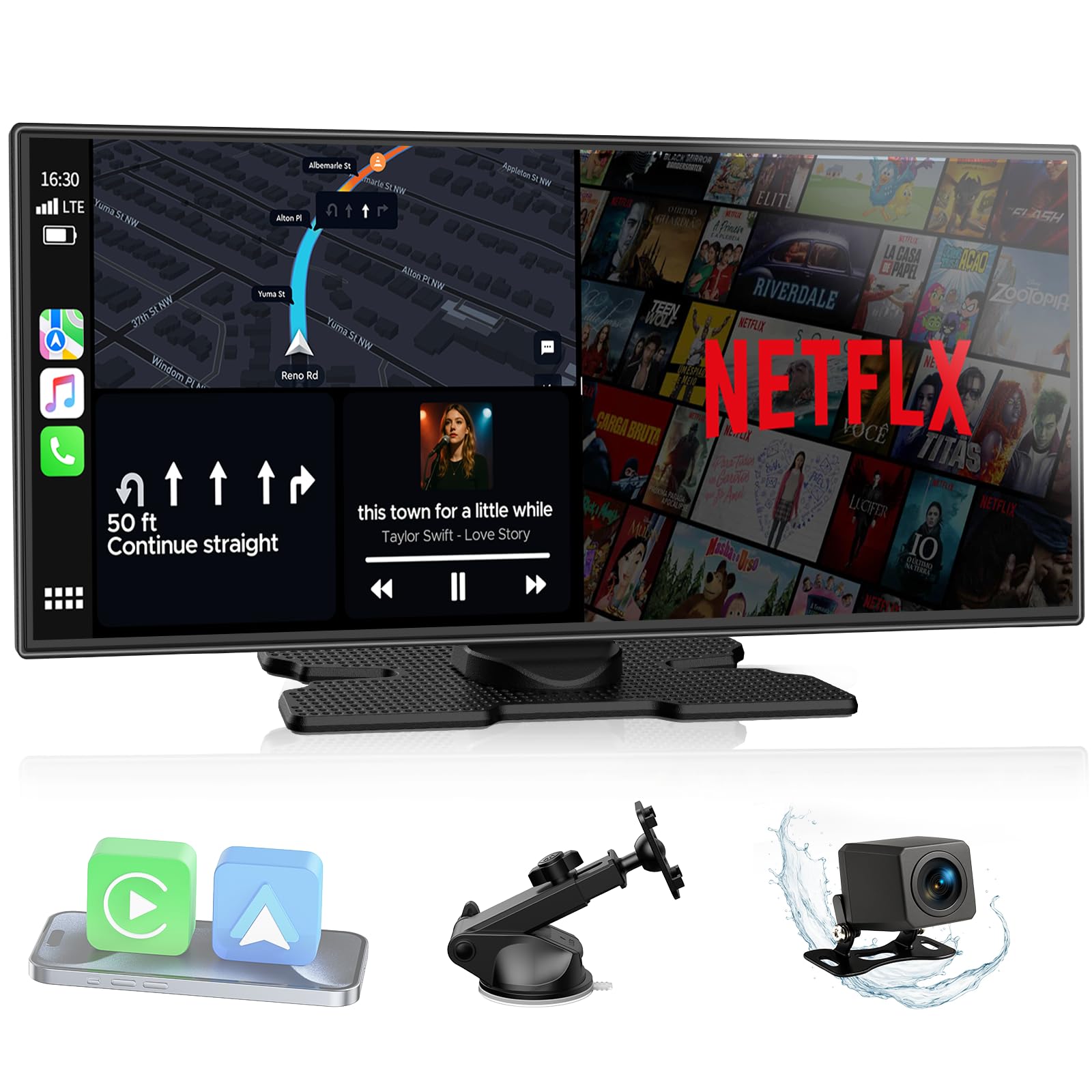 LAMTTO Upgraded 11'' Wireless Carplay Screen Support Net-Flix YouTube and Backup Camera Compatible with Android Auto Car Play Built-in Magic AI Video Box GPS Voice Assistant for iOS 10+ Android 11+