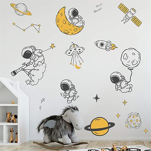 Miniatura 2 de ROFARSO Calcomanías de pared de planeta astronauta estrellas del espacio exterior vinilo extraíble de gran tamaño decoración artística para niños