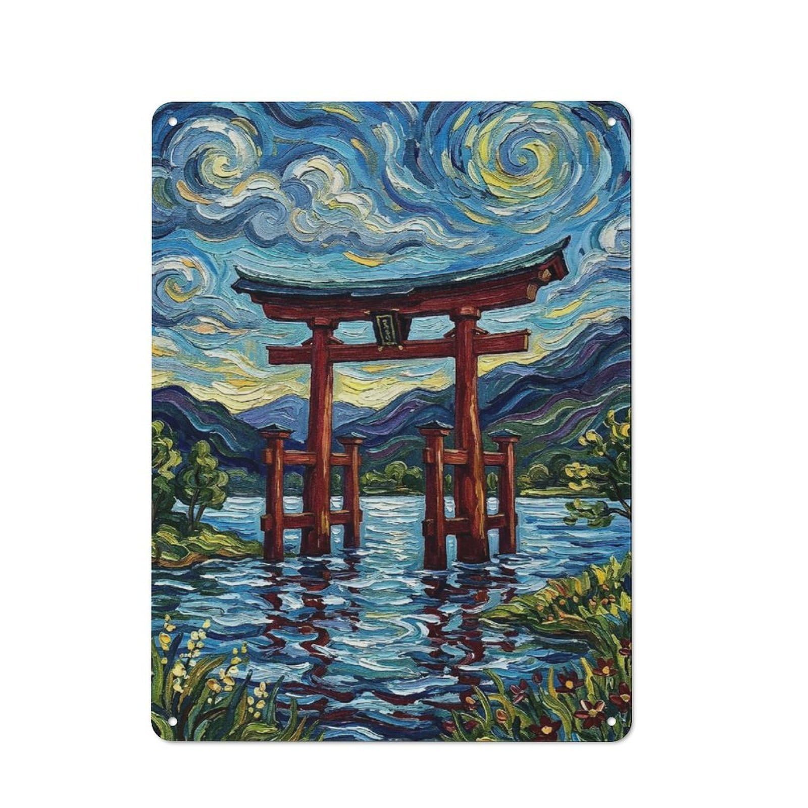 Junmoney Style-22 Metal Wall Sign 40X30cm Featuring Torii Gate In Water With Starry Sky For Pub Or Café, Housewarming Wall Decor For People Furnishing Pub And Café