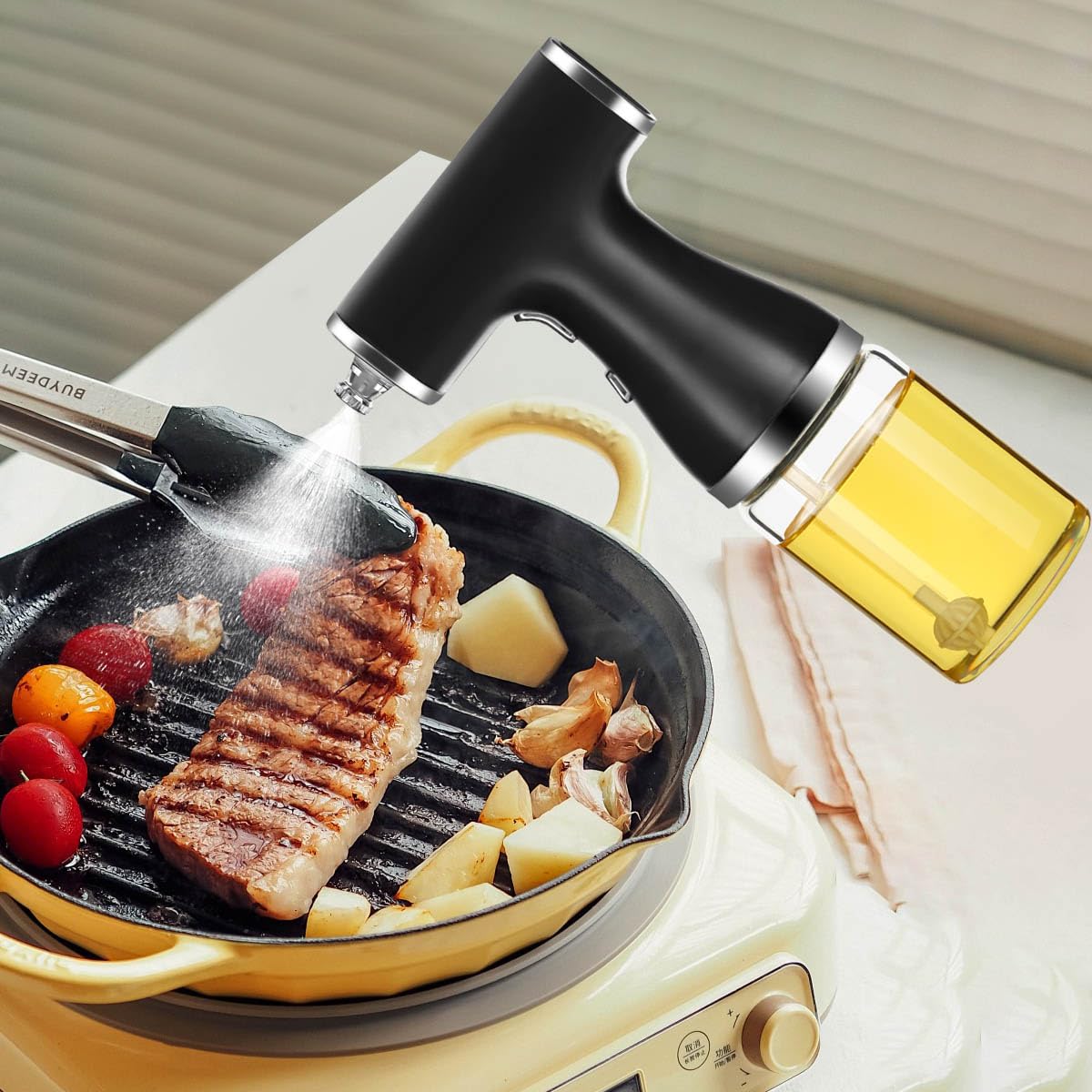 Dispensador de aceite eléctrico 2 en 1, pulverizador automático de aceite de oliva, botella de vidrio de 300 ml para cocinar, ensalada, freír al aire, hornear, barbacoa, batería recargable