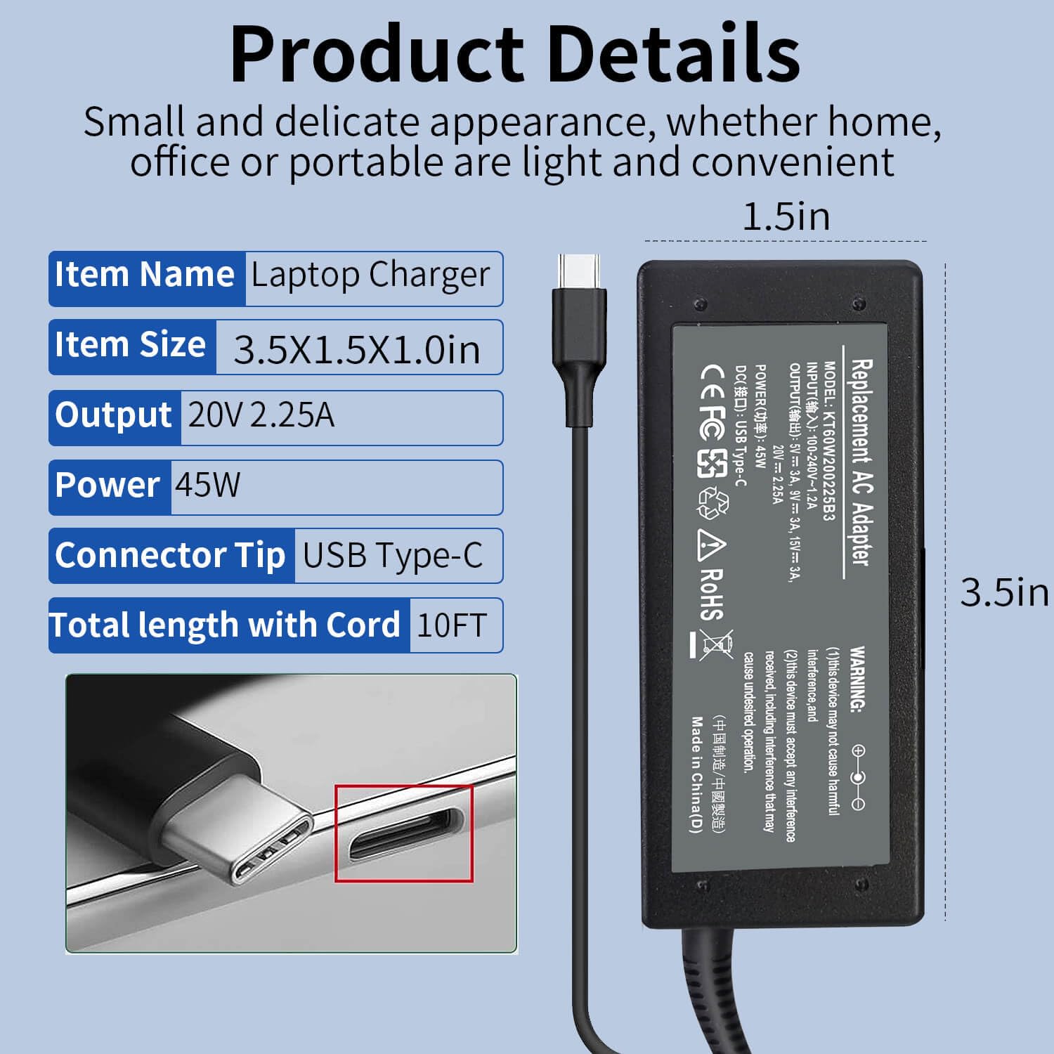 Universal 45W Chromebook Charger USB C,Laptop Charger Type C for HP Chromebook Replacement for HP, Dell, Lenovo, Acer, Asus, Samsung Series,Google AC Adapter Type C Power Supply