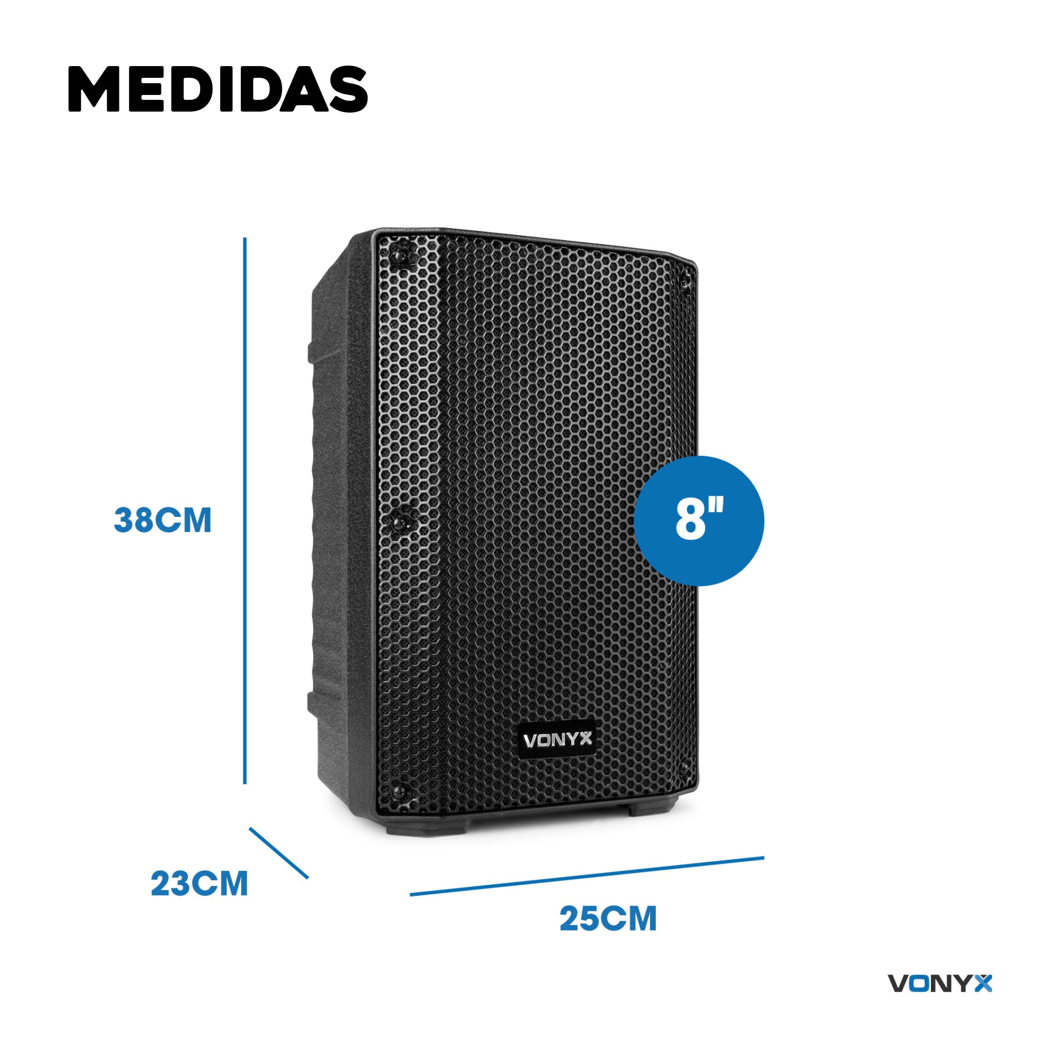 Vonyx VSA08BT - Altavoz Activo biamplificado Bluetooth 5.0-250 vatios, Woofer de 8 Pulgadas, Montaje en pie, Reproductor de MP3, Pantalla LCD, Ideal para DJs móviles y para animar Tus Noches