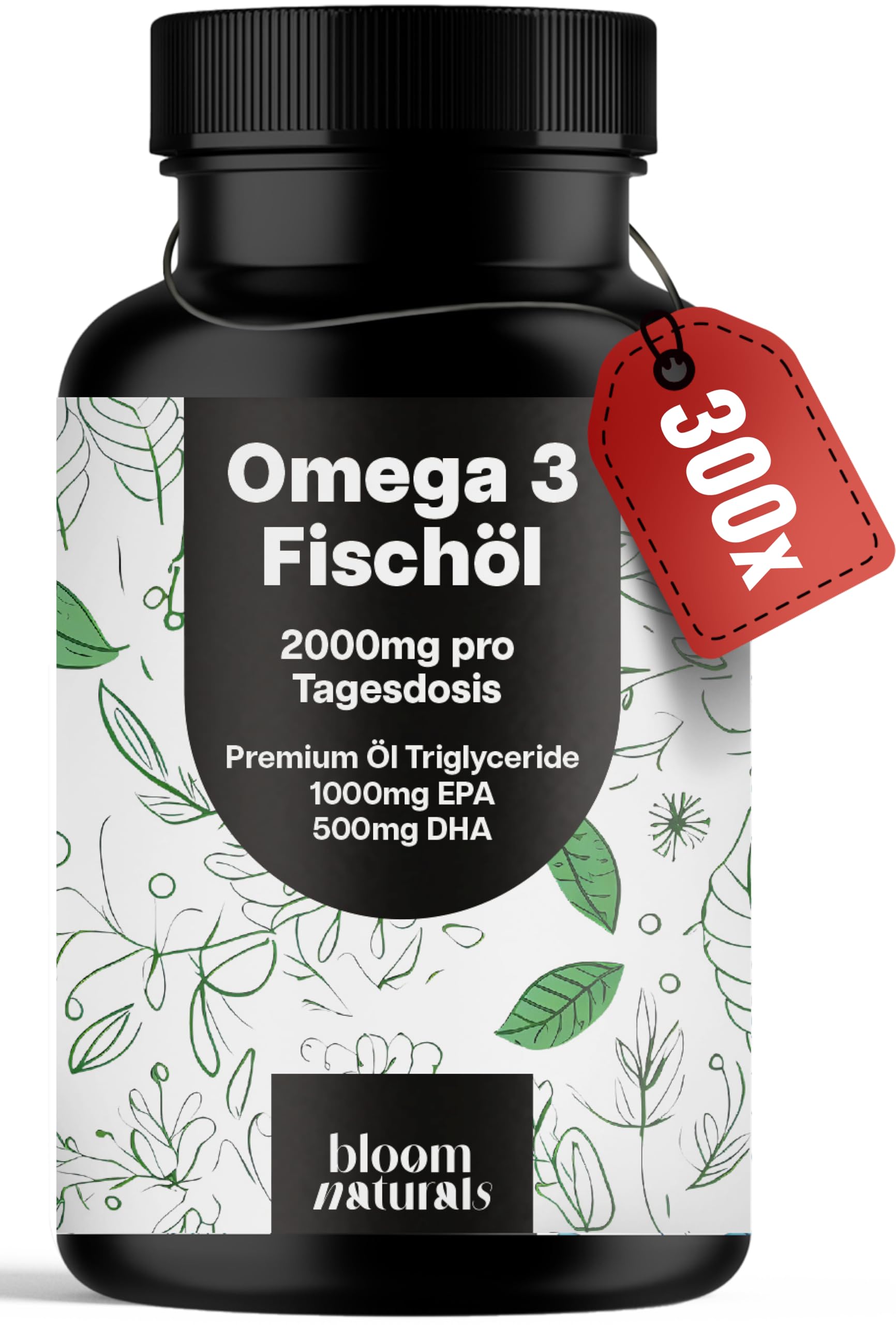 Omega 3 Kapseln hochdosiert 2000mg - 300 Stück - Fischöl mit 1000mg EPA & 500mg DHA pro Tagesdosis - Triglycerid-Form, produziert in Deutschland