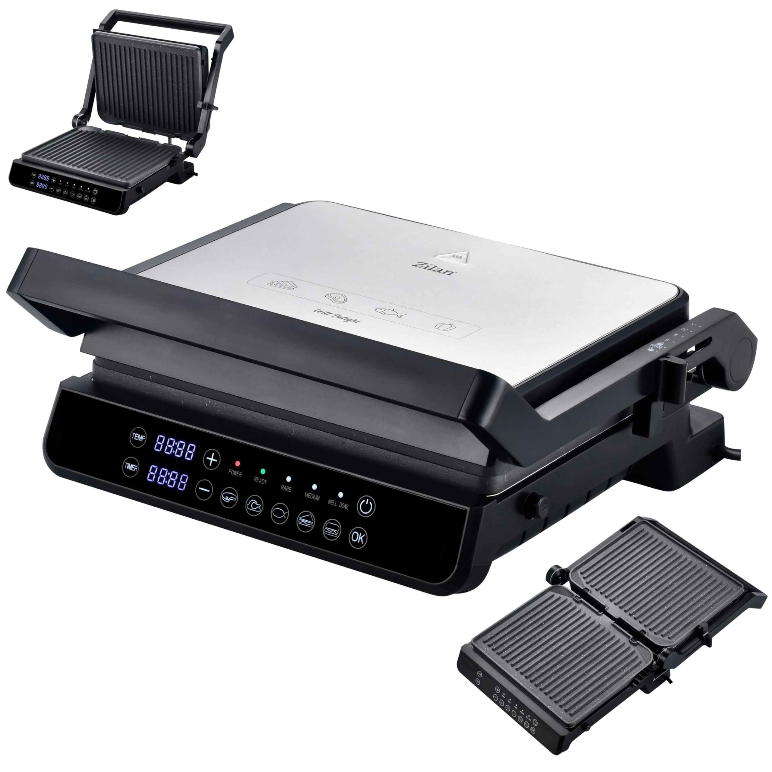 Zilan Digitaler Kontaktgrill abnehmbare Platten spülmaschinengeeignet 2000W Touch Bedienung, 5 Programme elektrischer Grill - Tischgrill - Temperatur- & Timeranzeige - Panini-, Sandwich- & Steakgrill