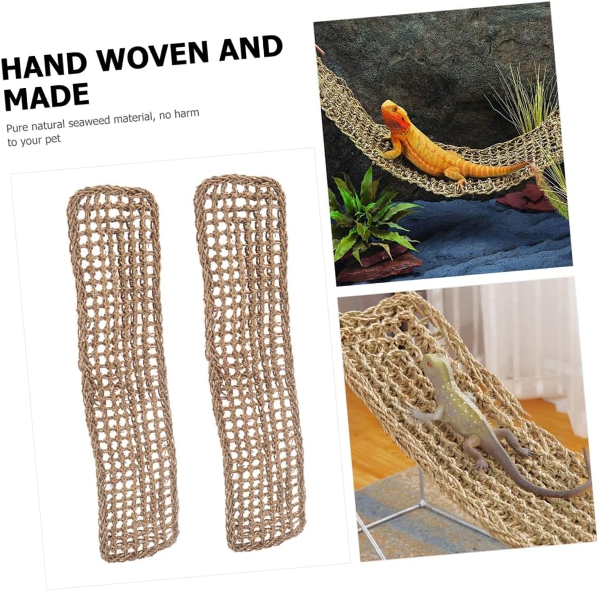 POPETPOP 2Pcs Reptile Hammock Beds Handwoven Seagrass Loungers for Lizards Bearded Dragons Compact Hanging Basking Pads for Terrarium Pets