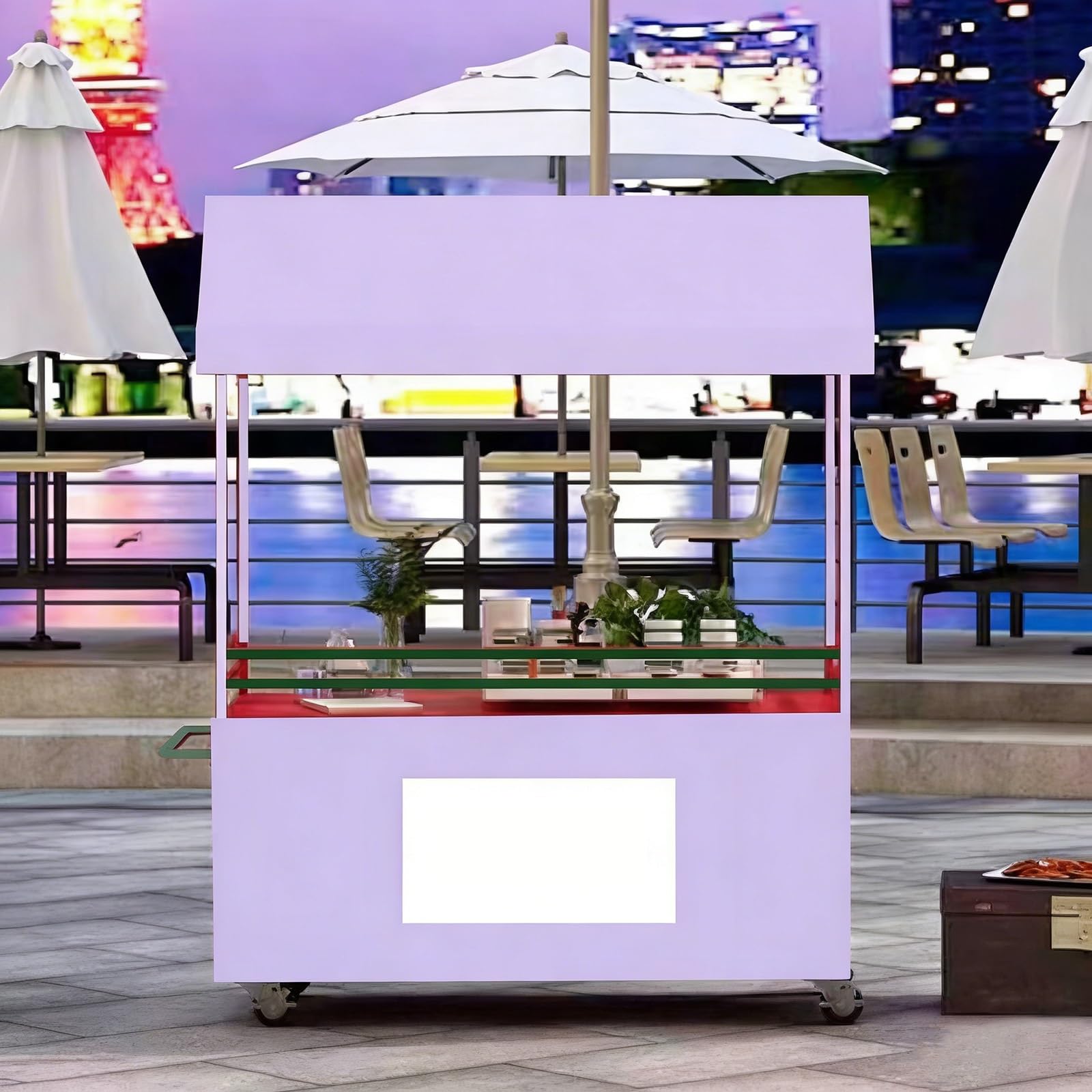 Carrello portatile per alimenti da esterno con tettuccio parasole, carrello da 120 cm per mercati e festival, carrello da pranzo mobile viola per attività di street food