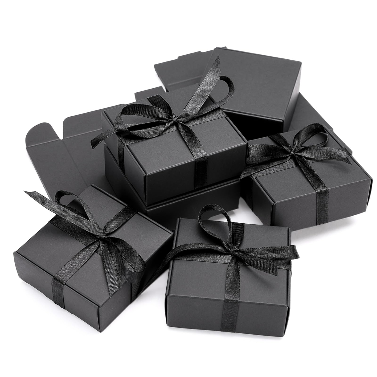 Naler 24 Pcs Black Kraft Paper Gift Boxes for Wedding Favors, 3x3x1.18 Inches Small Treat Boxes with 20m Ribbon for Handmade Soap, Candy and Craft Packaging