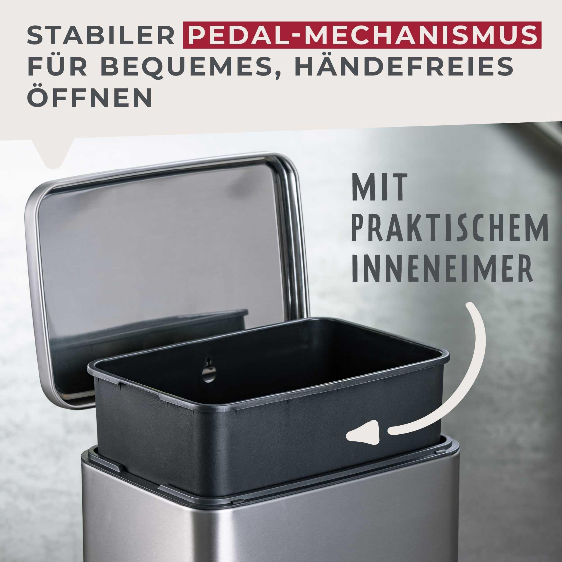 FACKELMANN CHICAGO Pedal-Abfallsammler 12L – Edelstahl matt, fingerabdruckfrei, mit stabilem Pedal und Inneneimer, gedämpfter Deckel, Ca. 27 x 26 x 39,5 cm
