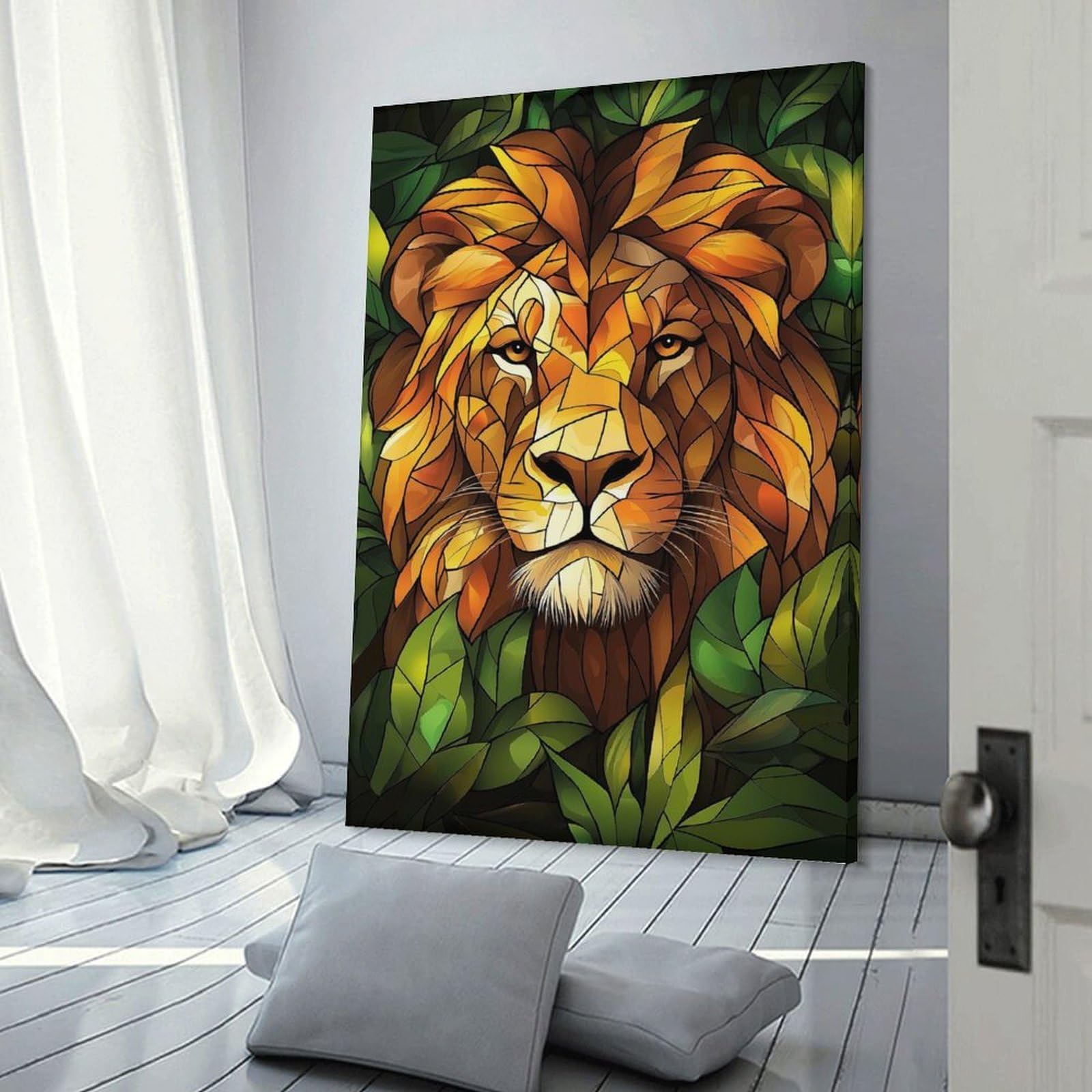 Junmoney Lion in Foliage Room Decor Wall Art 24x36inch(60x90cm), for Art Walls, Layered Displays Or Homes, Wall Decor Suited to Curated Displays