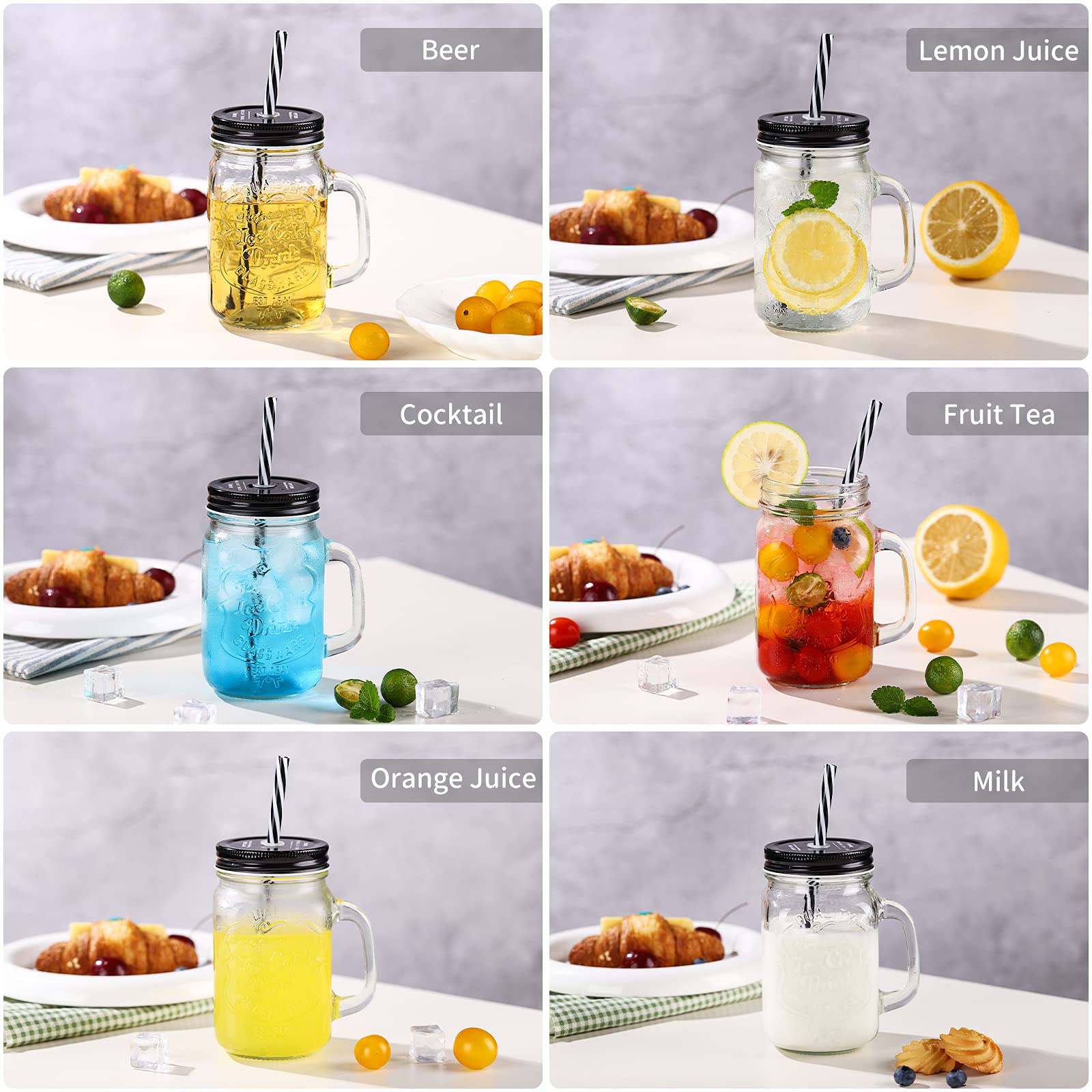 Set Di 4 Bicchieri Da Birra In Vetro 500ml Con Coperchio E Cannuccia - Per Smoothie, Bubble Tea E Cocktail
