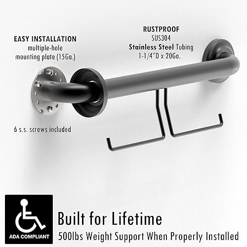 Miniatura 6 de Barra de agarre compatible con ADA con soporte para papel higiénico (2 megarrollos), soporte de peso de 500 libras, 1-14 x 16 pulgadas para montaje