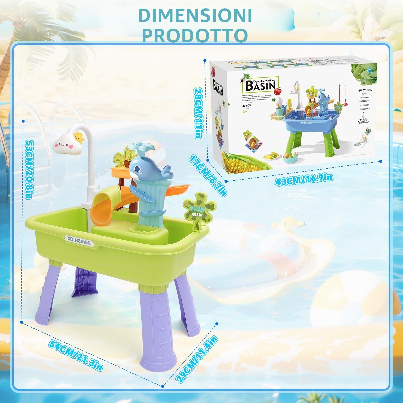 deAO Lavandino Giocattolo Bambini 4 in 1 con Rubinetto Funzionante, 3+ Anni | Tavolo Acqua/Sabbia, Cucina, Pesca, BPA-Free, per Interno/Esterno, Giardino, Spiaggia, Gioco Educativo, Regali per Bambini