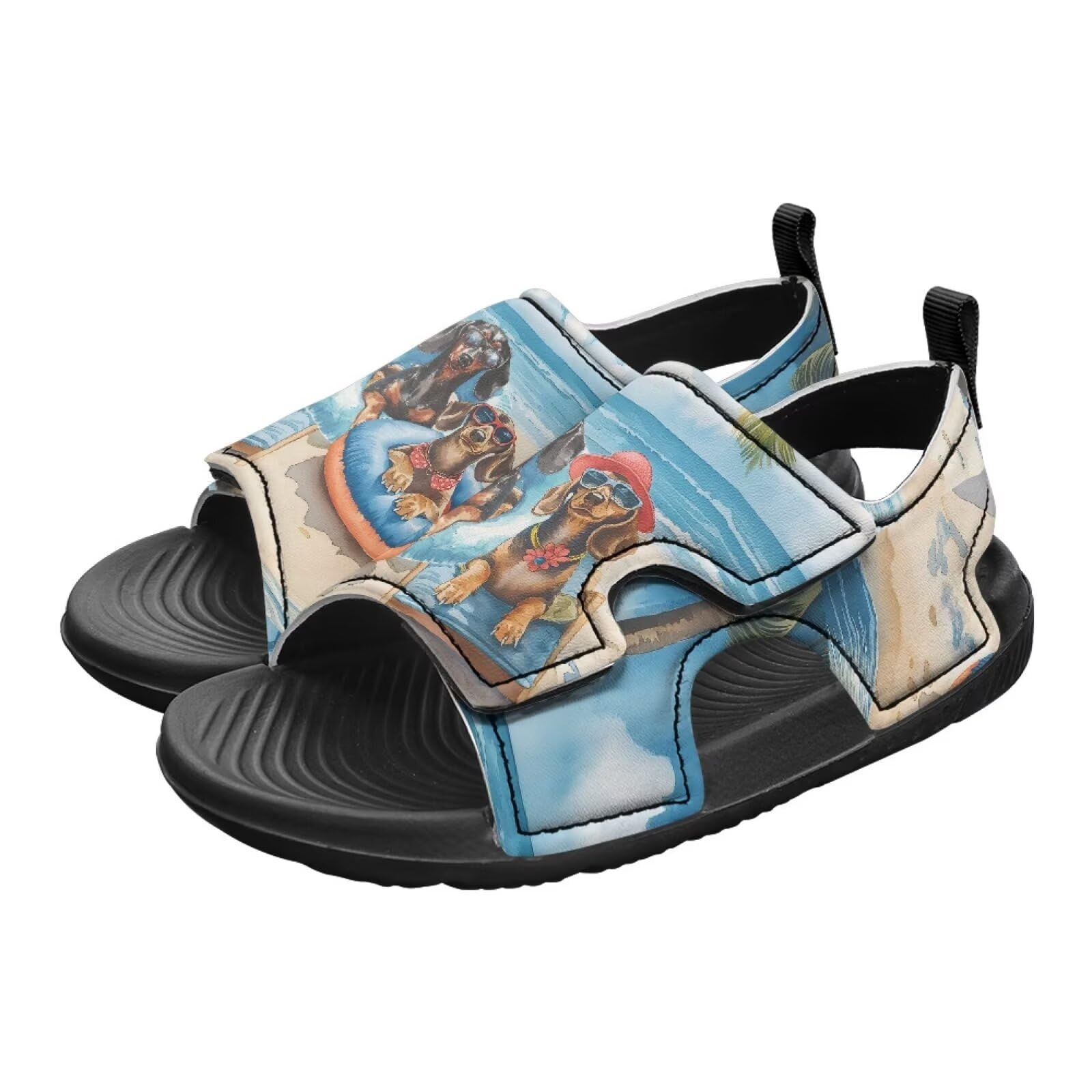 Pointodoor Dachshund on Beach Sandals for Kids Funny Animal Summer Beach Water Slides Shoes Adjustable Hook and Loop Sport Athletic Sandals for Outdoor Indoor US 3