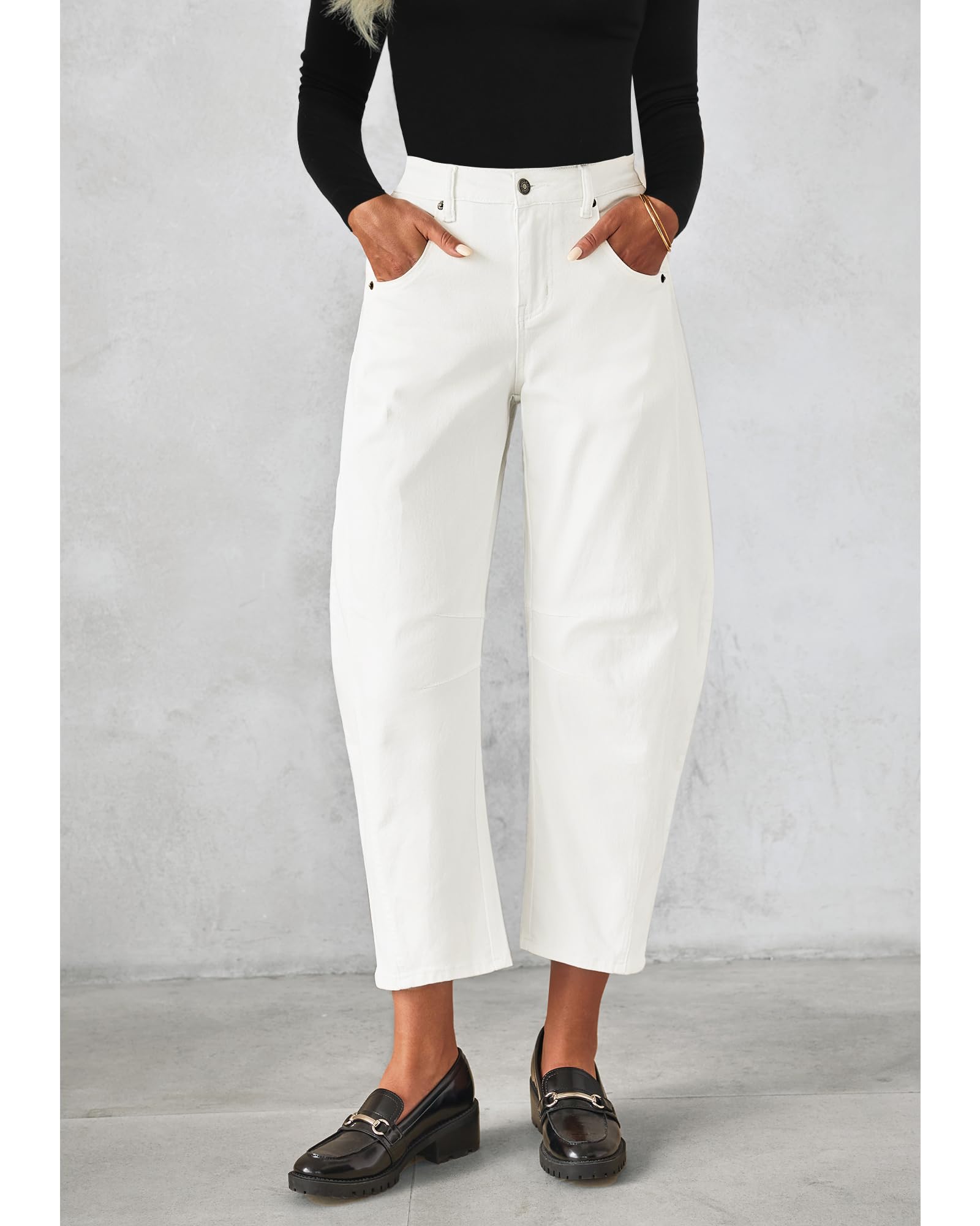 Utyful Jean barrel pour femme, coupe baggy tendance, taille haute, style décontracté et vieilli, extensible, pantalon en denim ample avec poches
