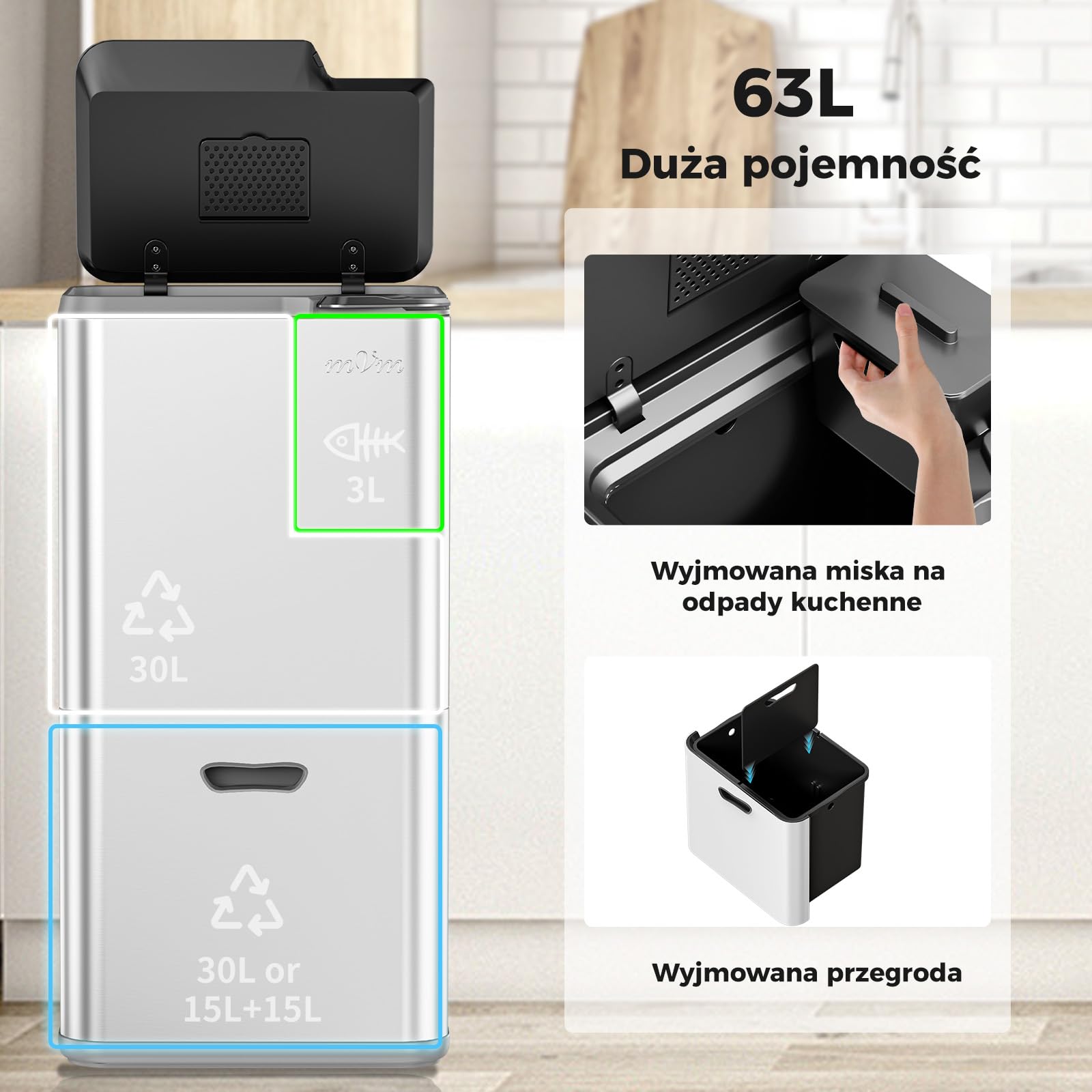 mVm Kosz na Śmieci do Segregacji Odpadów 63L 3 Komory, Stal Nierdzewna, Duża Pojemność, Kosz Kuchenny z Pokrywą Soft Close, Nowoczesny Pojemnik do Recyklingu