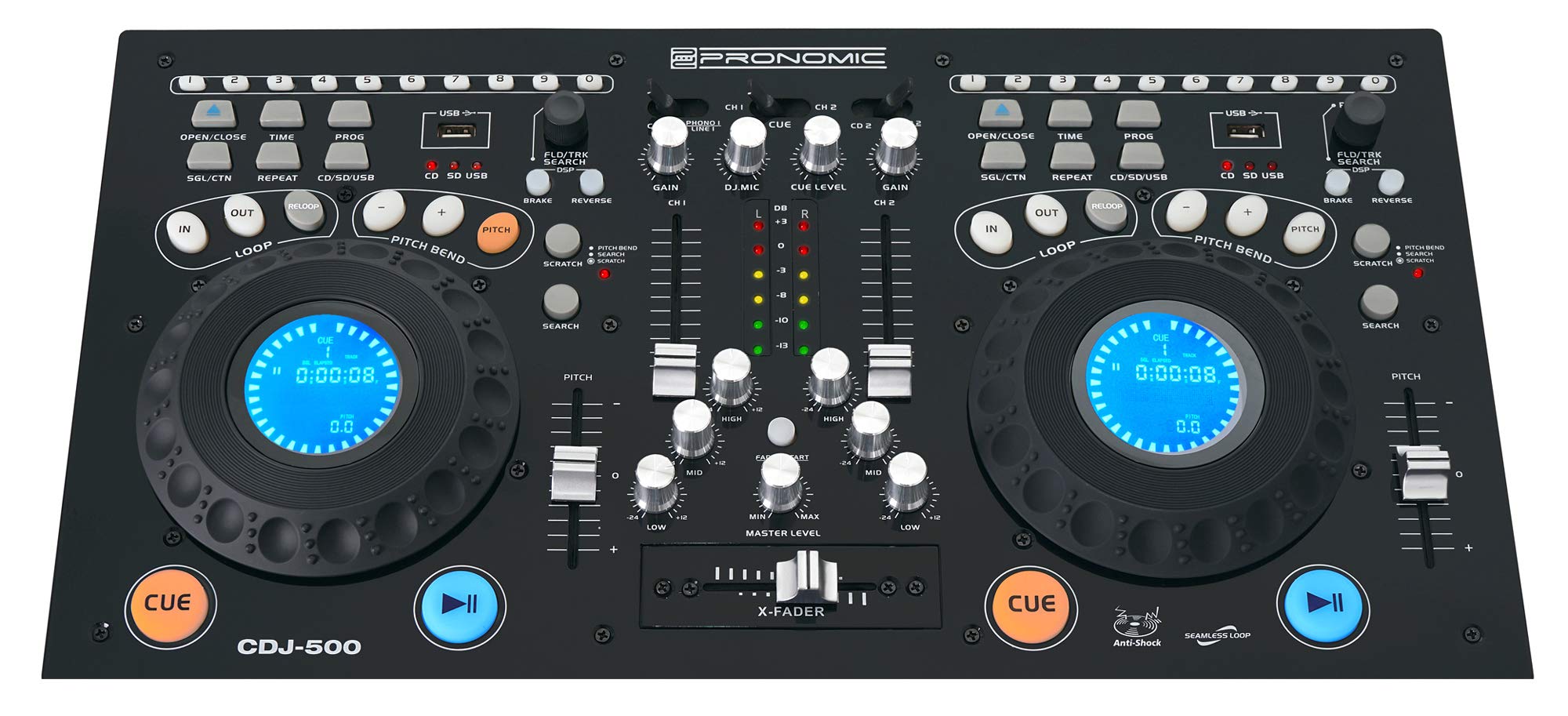 Pronomic CDJ-500 Estación completa doble para DJ, con reproductor de CD (formato autónomo, entradas para teléfono/línea, CD, MP3 CD, SD y USB, crossfader)