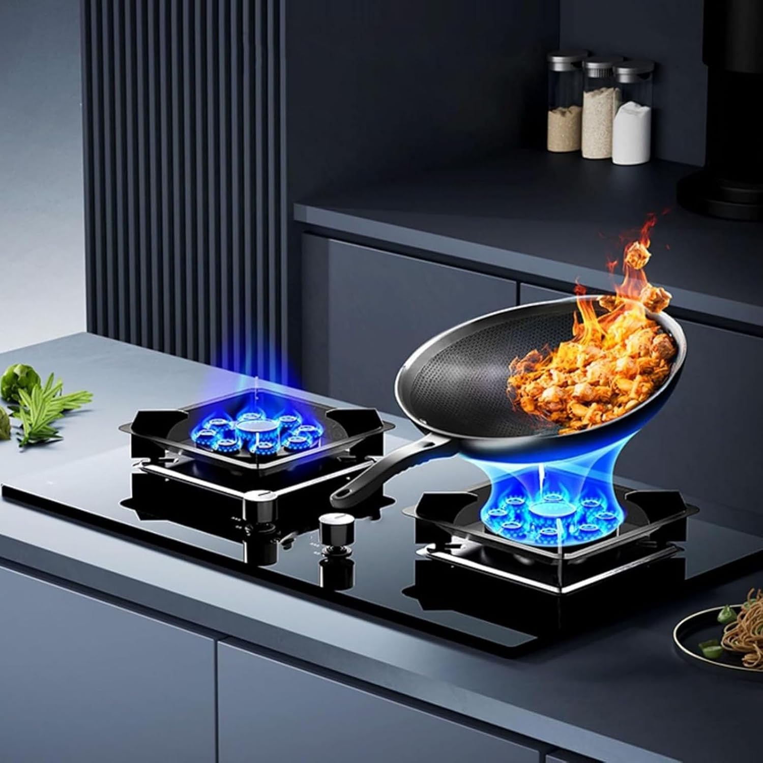 5.2KW Gas Stove - 2 Burners Built Gas Hob, Tempered Glass Cast Iron Pot Rack, Gas Cooker with Flameout Protection, for Home Kitchen Camping Stove(NG)