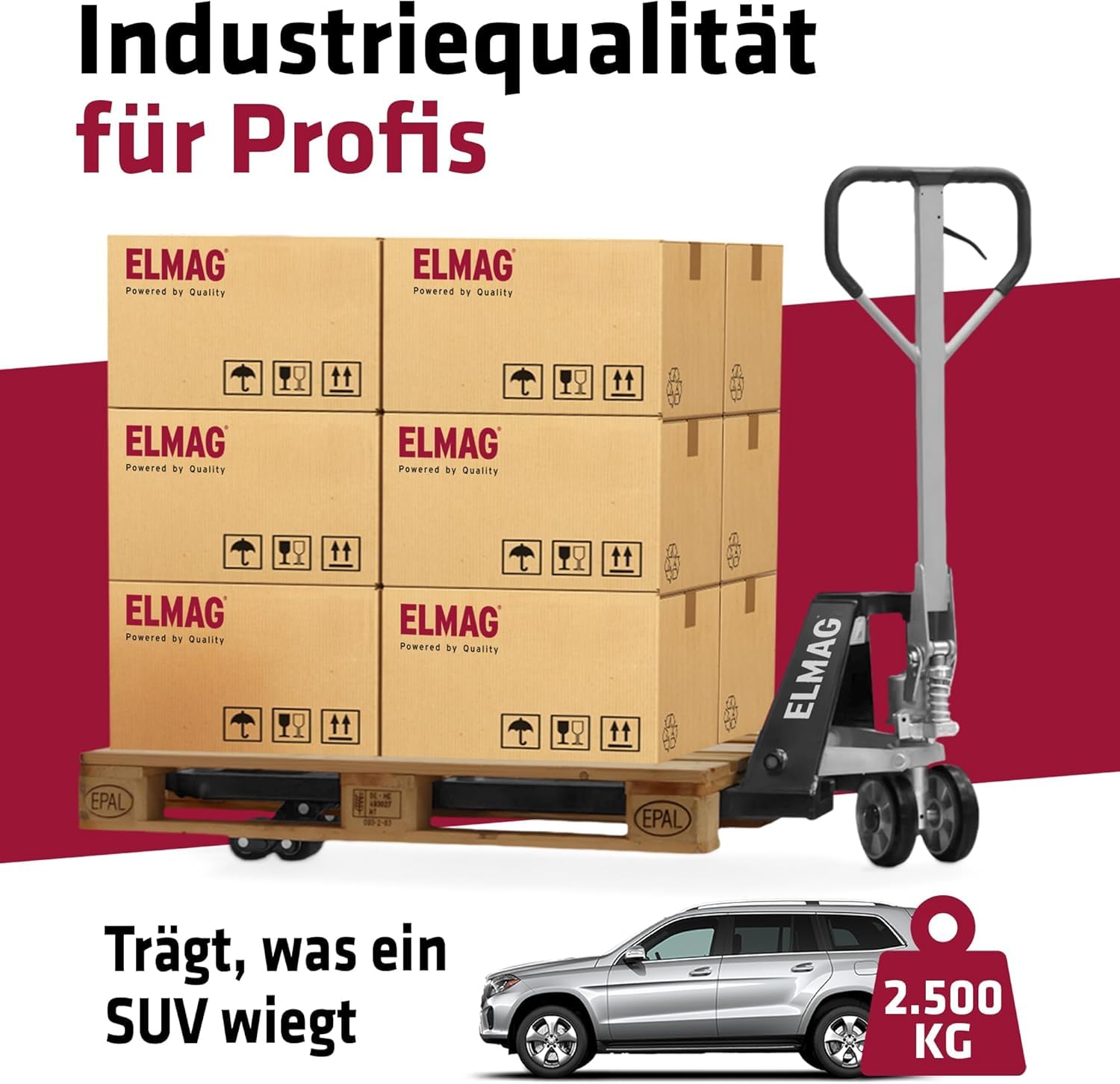 Elmag Handhubwagen HW 2500 Hubwagen mit 2500 kg Tragkraft, 1150 mm Gabellänge, 540 mm Gabelbreite Palettenwagen mit Gummirädern & Polyurethan-Tandemrollen Gabelhubwagen für mühelosen Transport